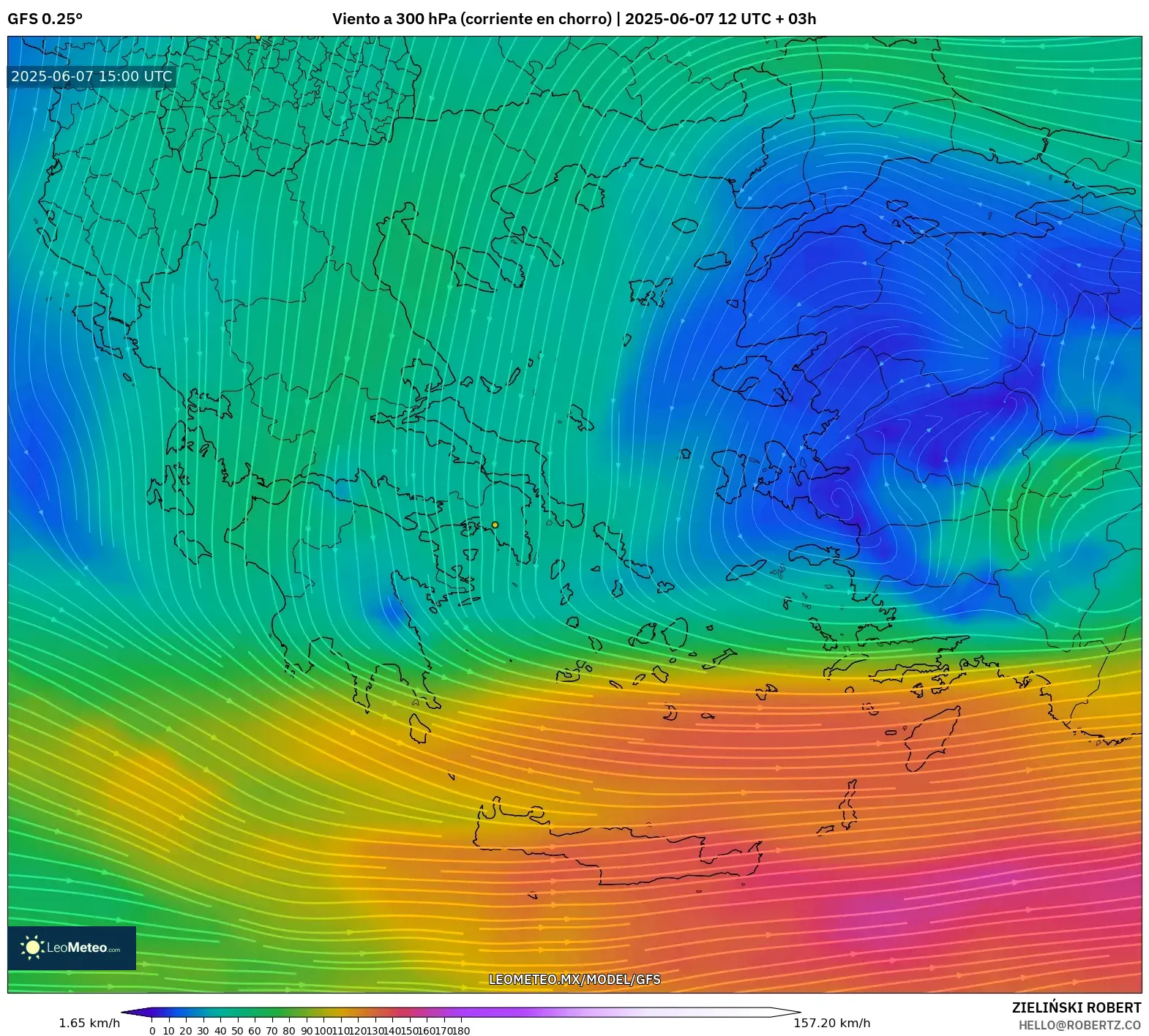 GFS model - Grecia, Viento a 300 hPa (corriente en chorro)