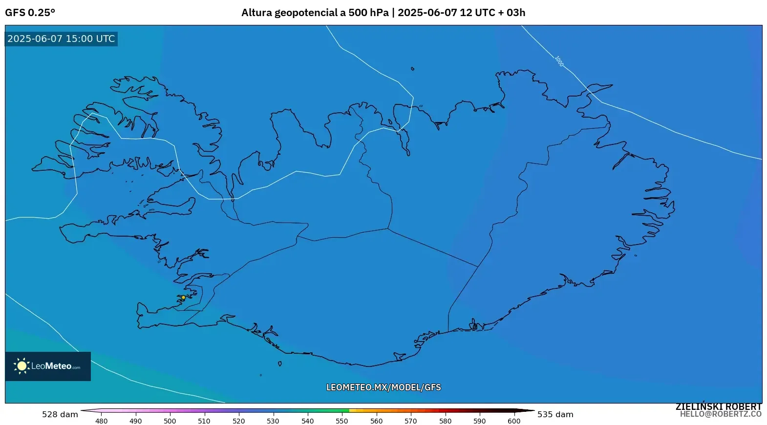 GFS model - Islandia, Altura geopotencial a 500 hPa GFS model - Islandia, Altura geopotencial a 500 hPa