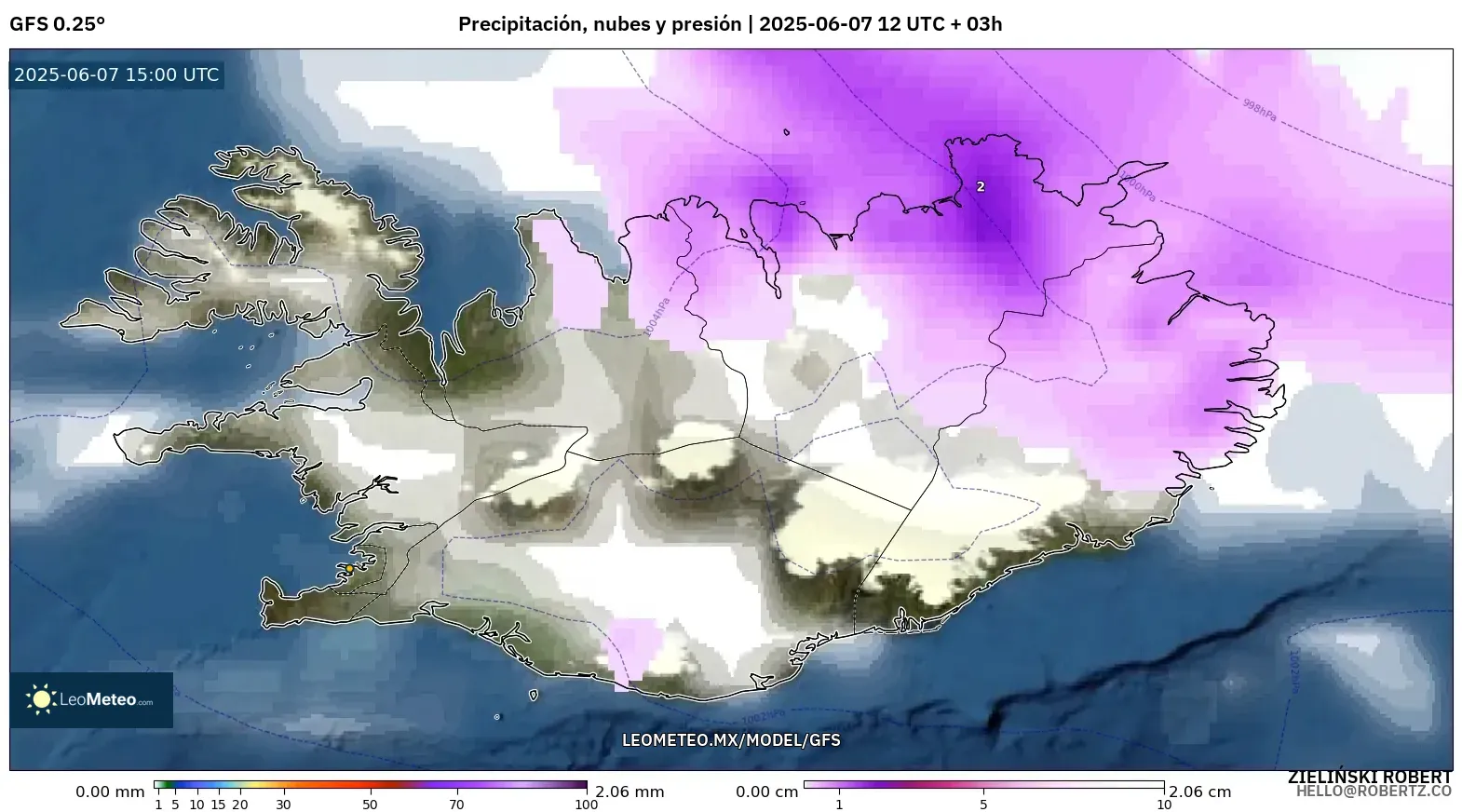 GFS model - Islandia, Precipitación, nubes y presión GFS model - Islandia, Precipitación, nubes y presión
