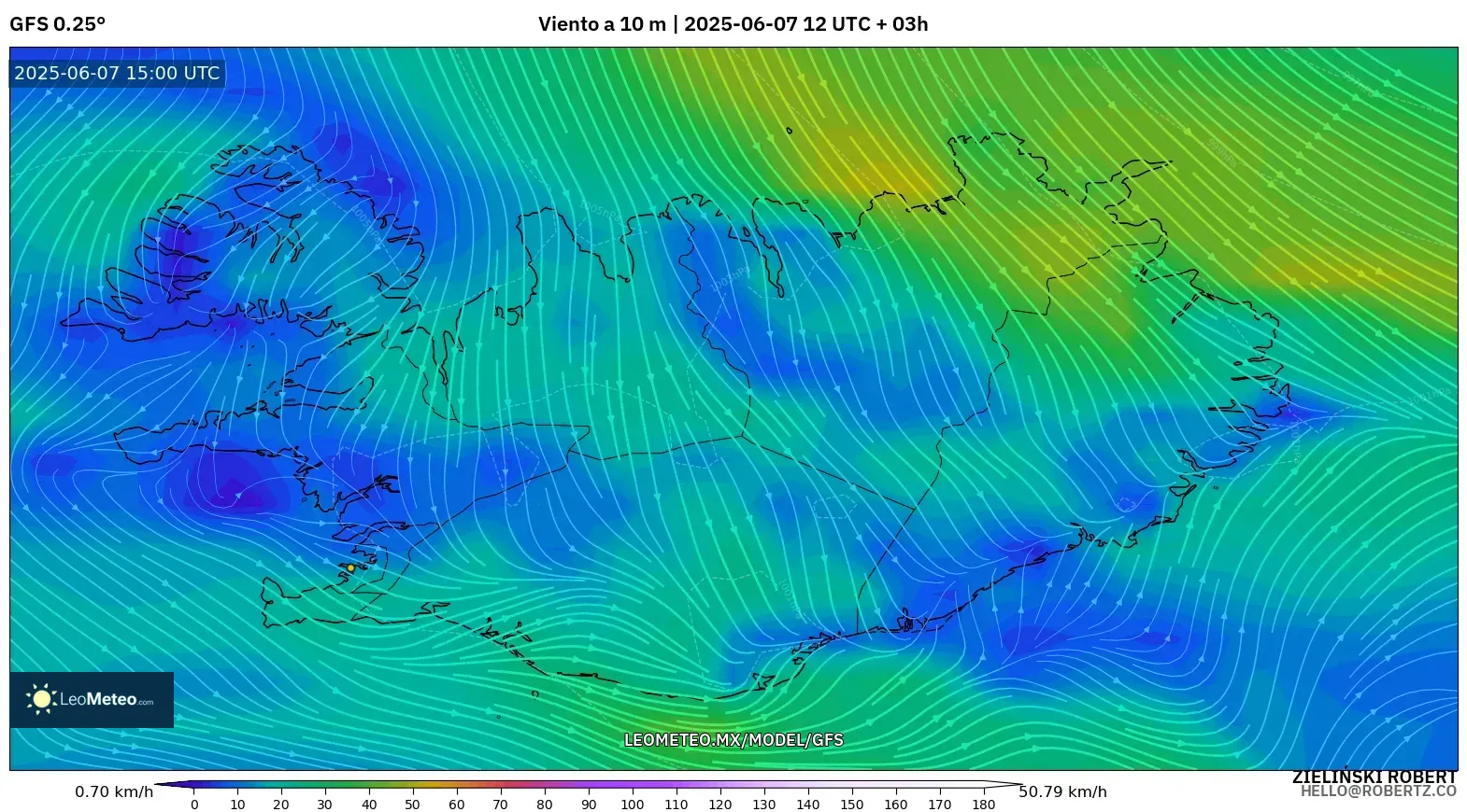 GFS model - Islandia, Viento a 10 m GFS model - Islandia, Viento a 10 m