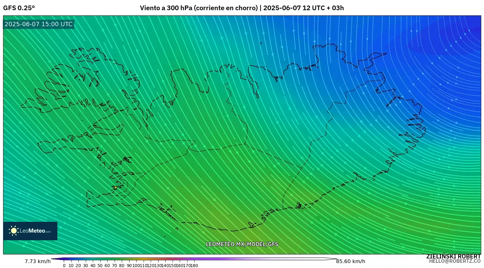 GFS model - Islandia, Viento a 300 hPa (corriente en chorro)