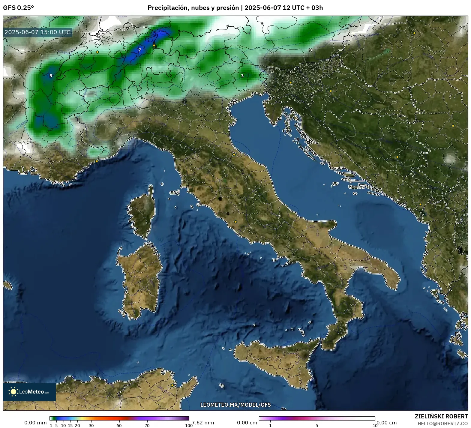 GFS model - Italia, Precipitación, nubes y presión
