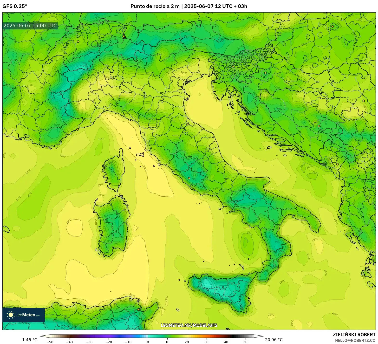 GFS model - Italia, Punto de rocío a 2 m GFS model - Italia, Punto de rocío a 2 m