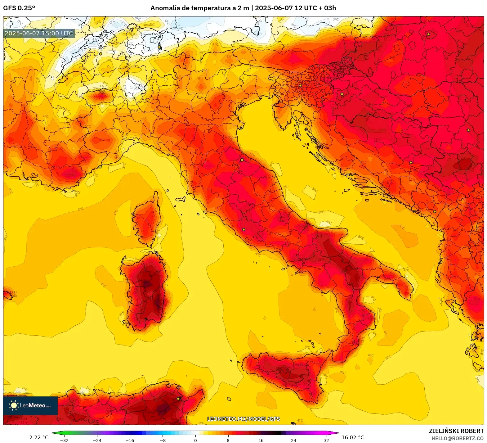 GFS model - Italia, Anomalía de temperatura a 2 m GFS model - Italia, Anomalía de temperatura a 2 m