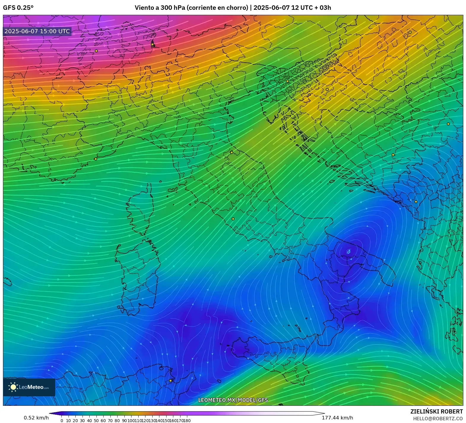 GFS model - Italia, Viento a 300 hPa (corriente en chorro) GFS model - Italia, Viento a 300 hPa (corriente en chorro)