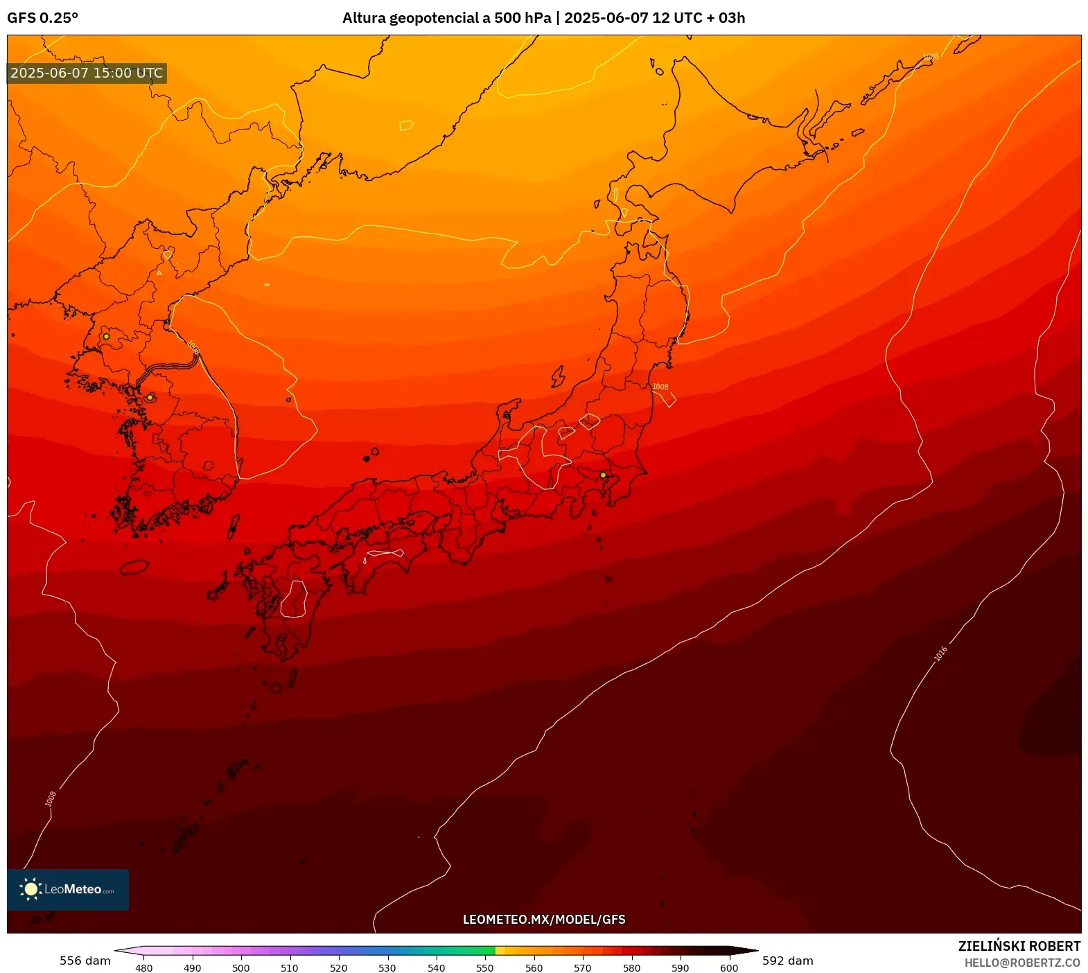 GFS model - Japón, Altura geopotencial a 500 hPa GFS model - Japón, Altura geopotencial a 500 hPa