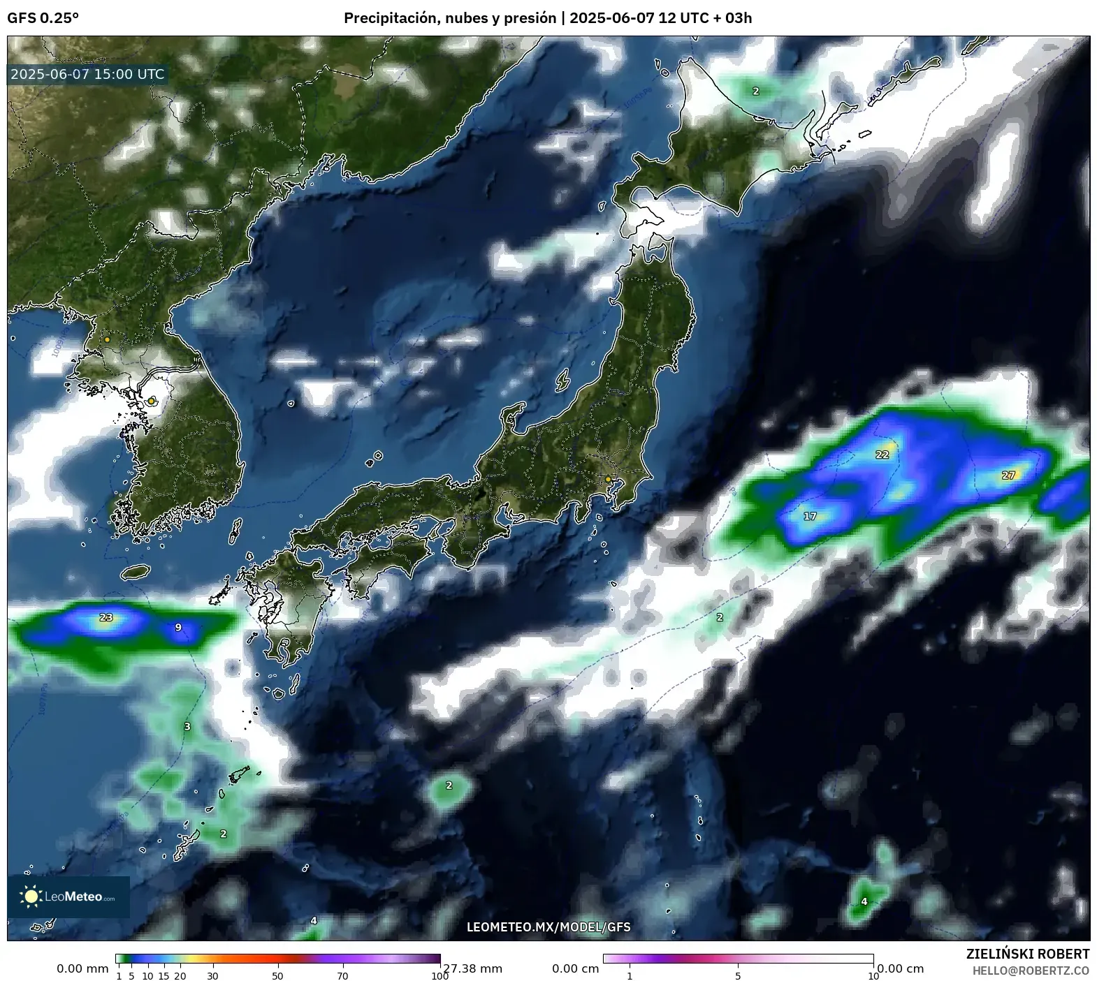 GFS model - Japón, Precipitación, nubes y presión GFS model - Japón, Precipitación, nubes y presión