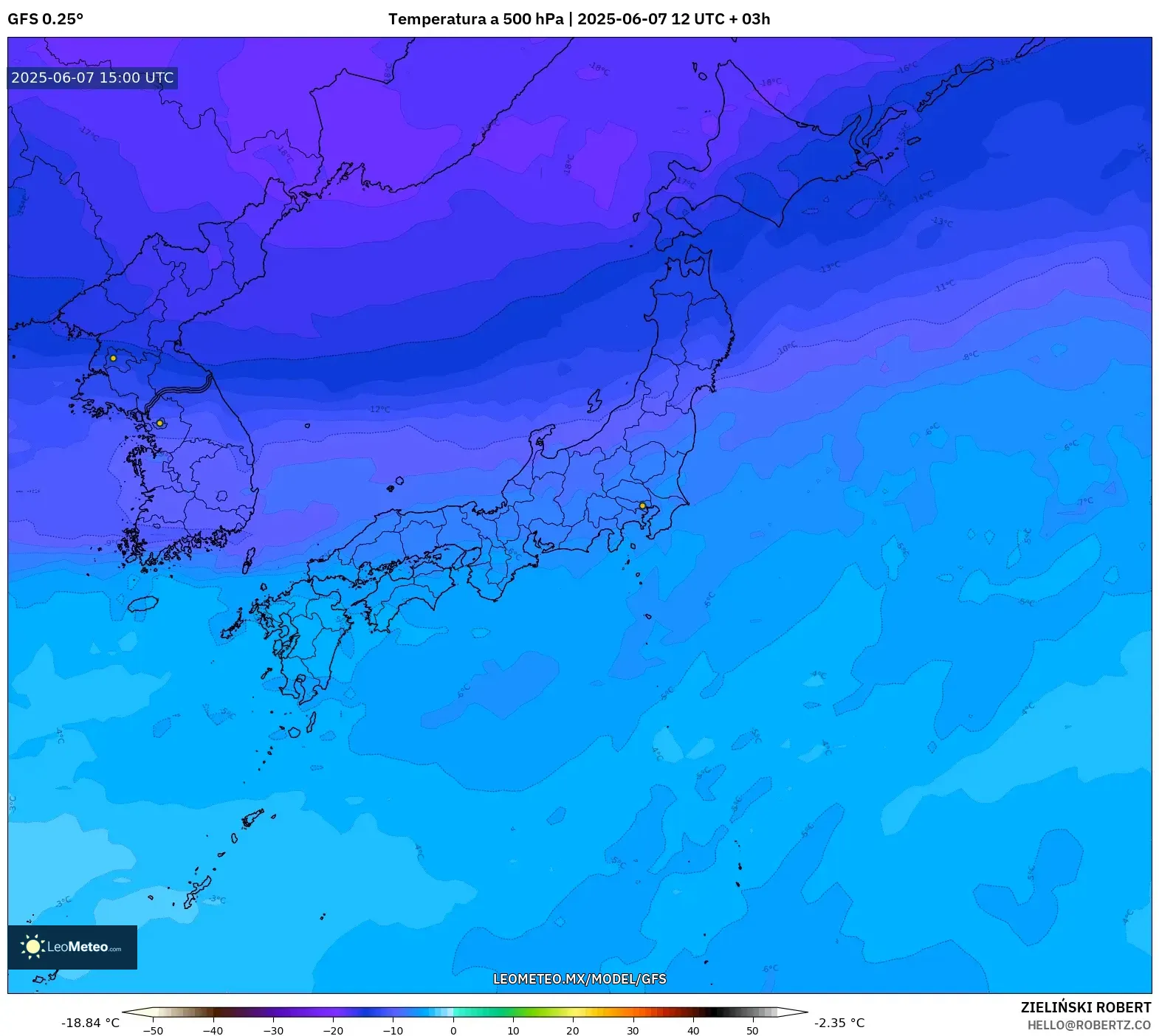 GFS model - Japón, Temperatura a 500 hPa GFS model - Japón, Temperatura a 500 hPa