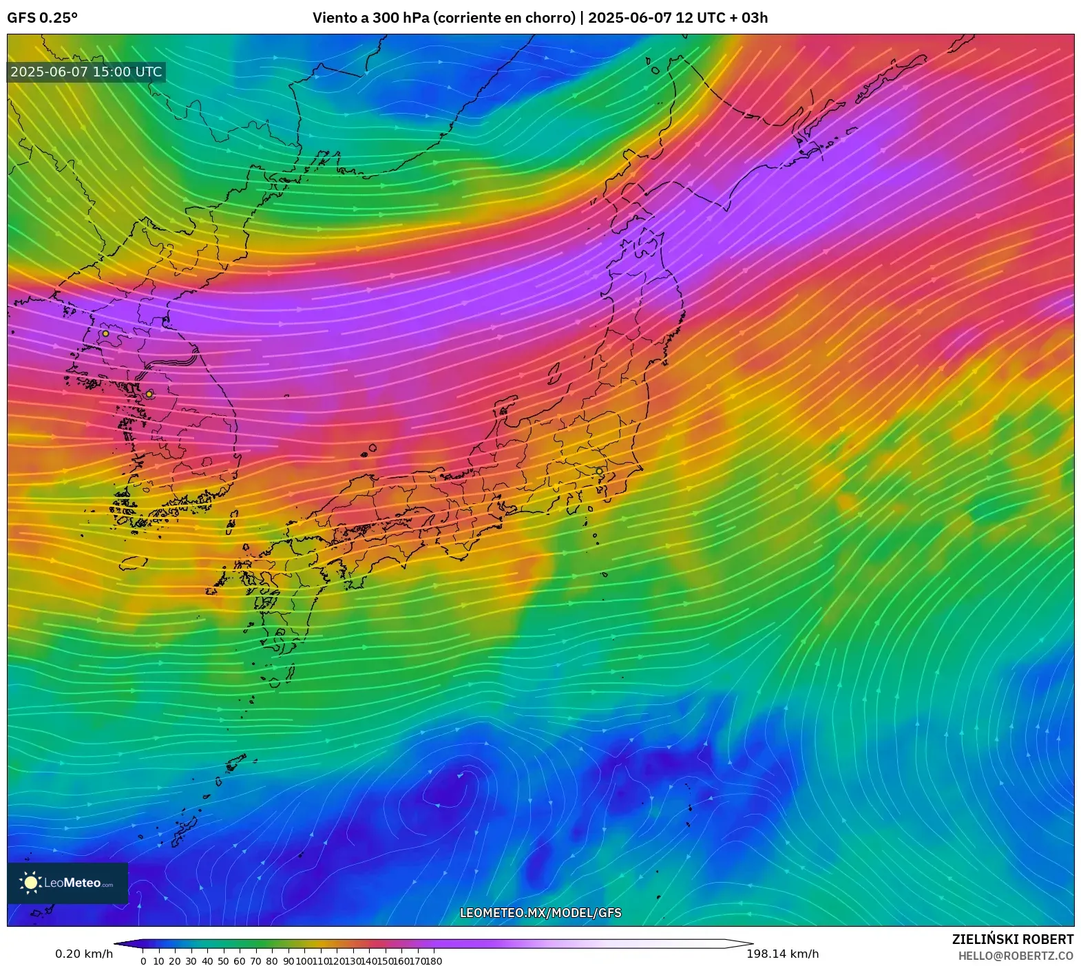 GFS model - Japón, Viento a 300 hPa (corriente en chorro) GFS model - Japón, Viento a 300 hPa (corriente en chorro)