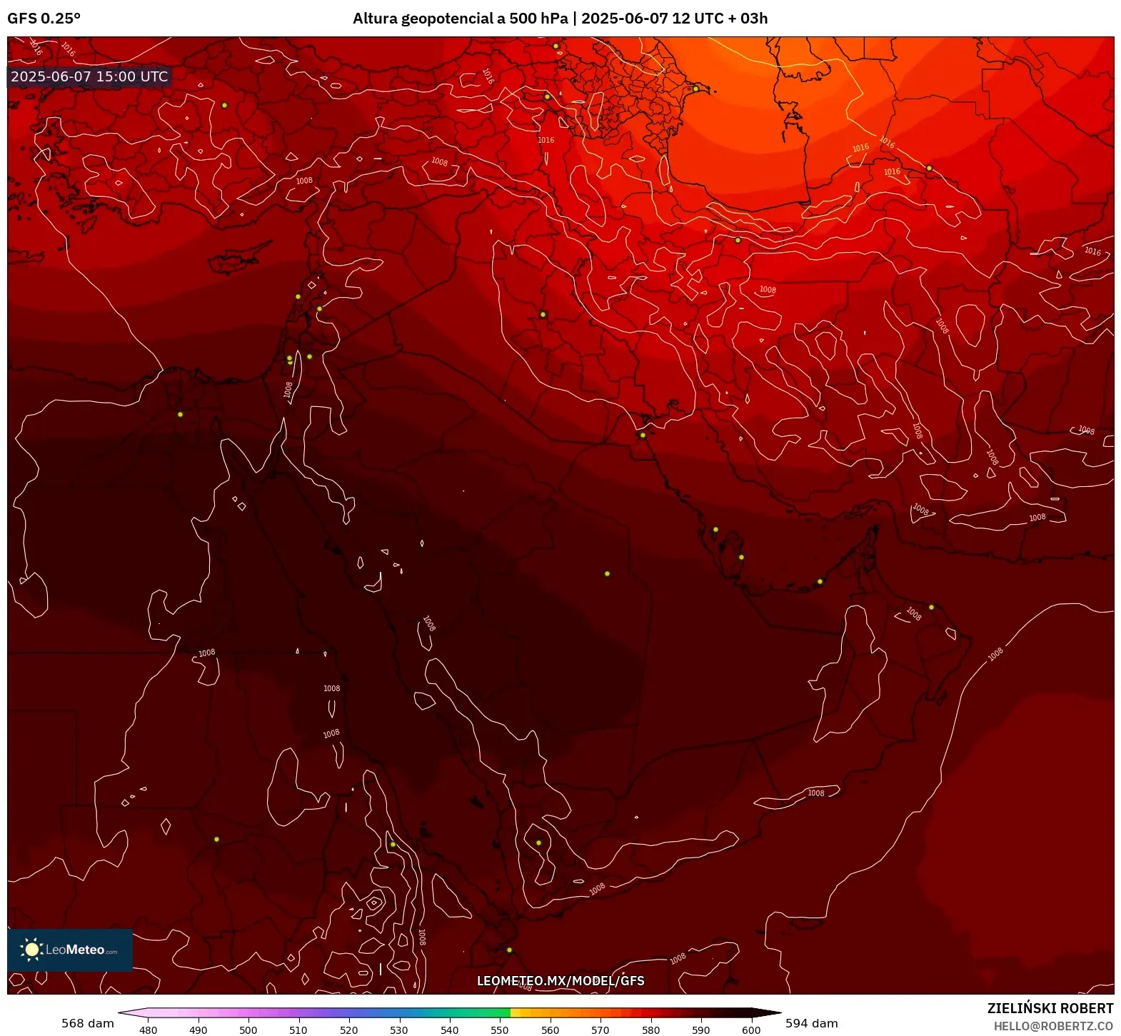 GFS model - Oriente Medio, Altura geopotencial a 500 hPa