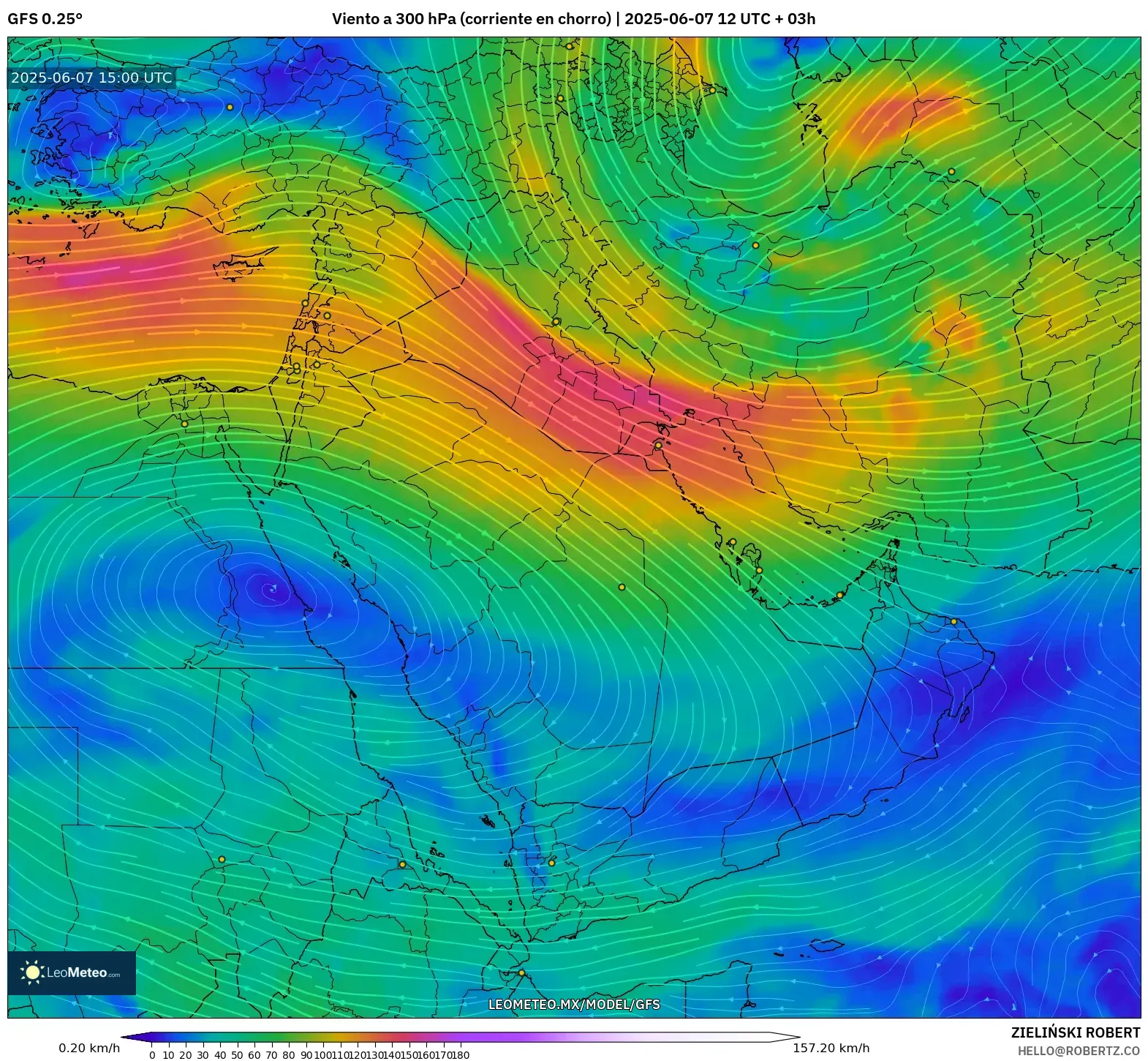 GFS model - Oriente Medio, Viento a 300 hPa (corriente en chorro) GFS model - Oriente Medio, Viento a 300 hPa (corriente en chorro)