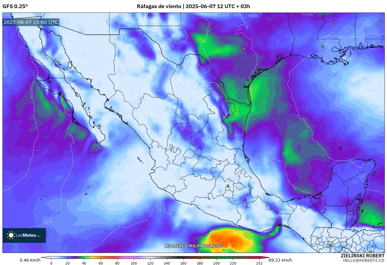 GFS model - México, Ráfagas de viento GFS model - México, Ráfagas de viento