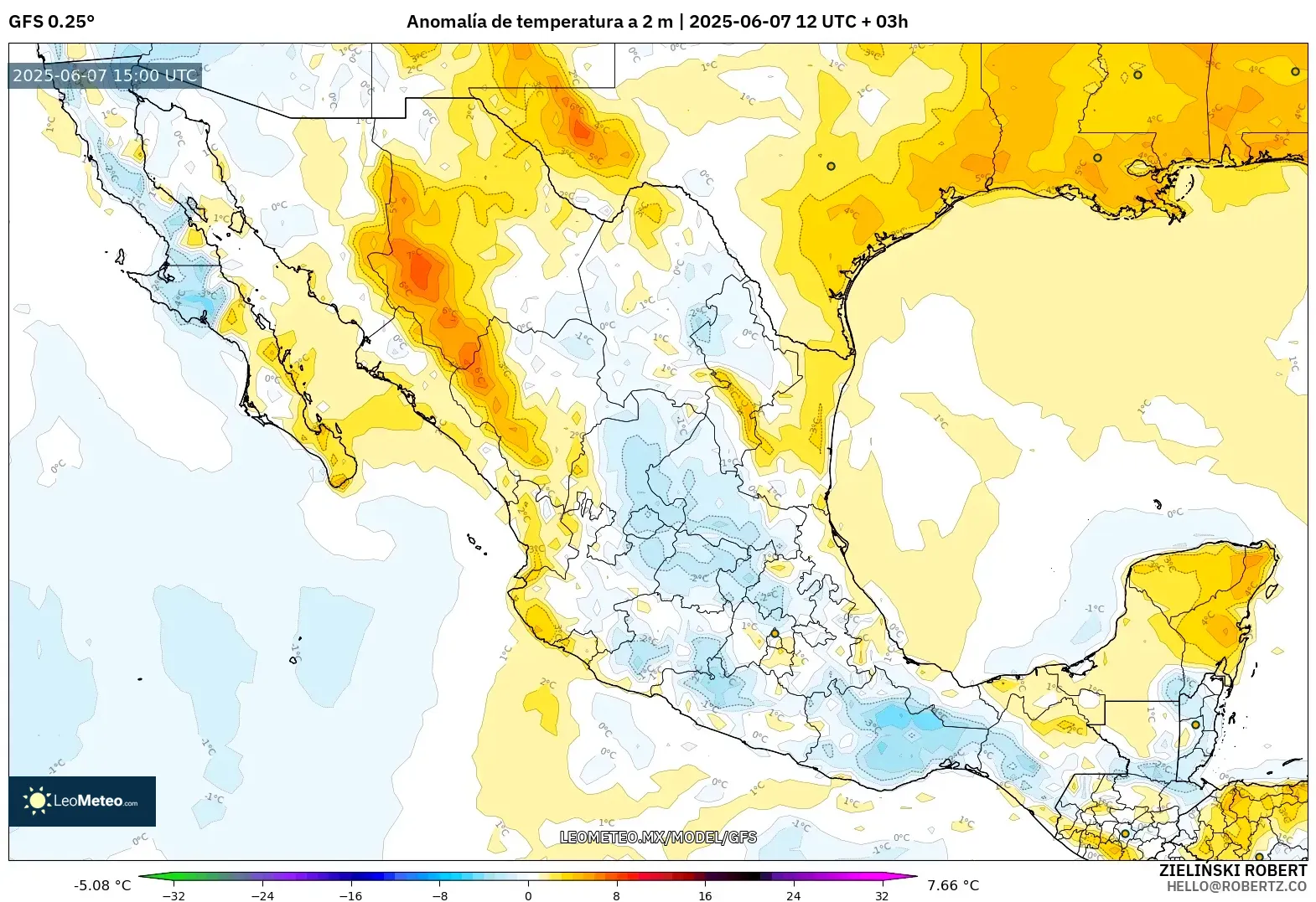 GFS model - México, Anomalía de temperatura a 2 m GFS model - México, Anomalía de temperatura a 2 m