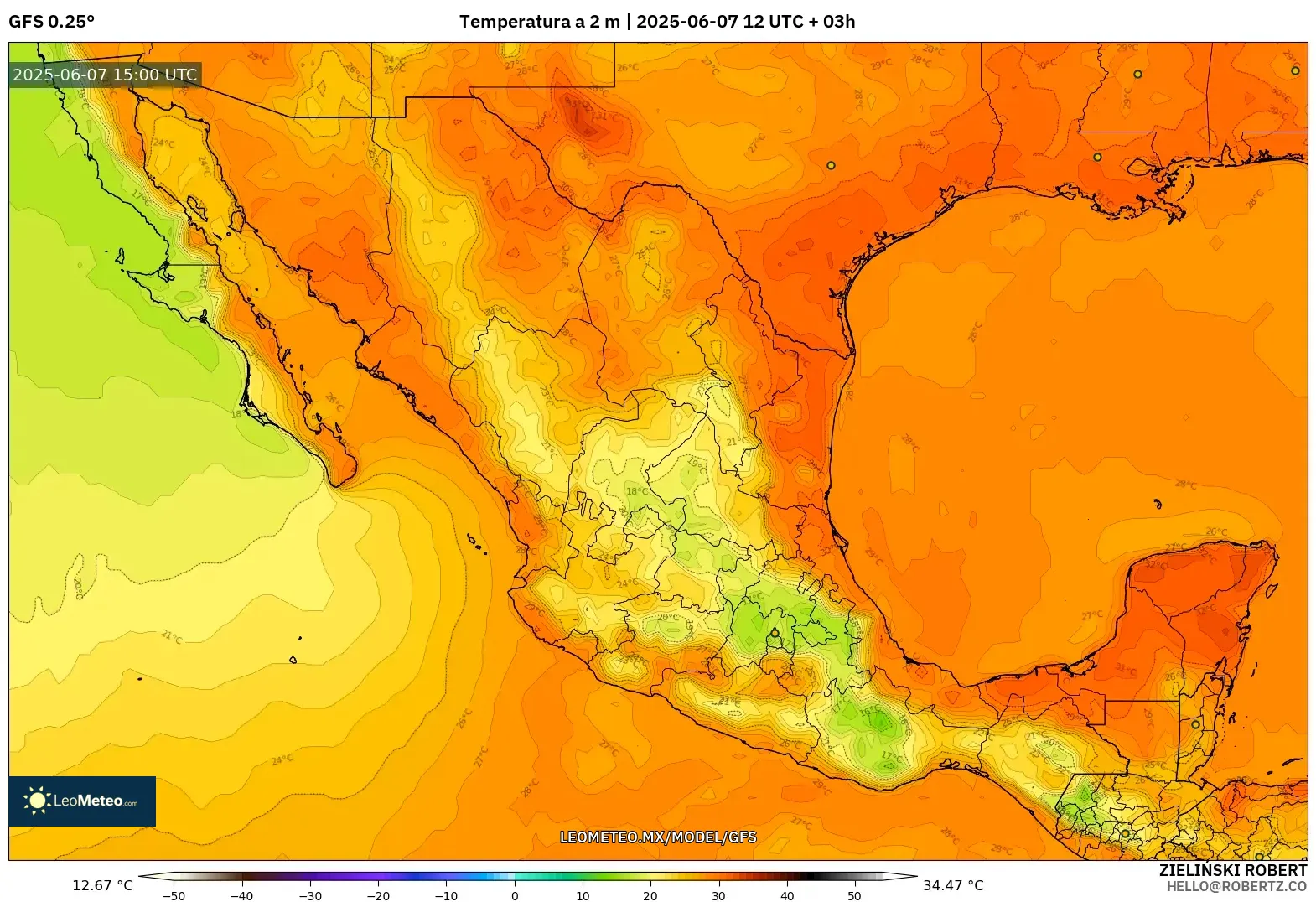 GFS model - México, Temperatura a 2 m GFS model - México, Temperatura a 2 m