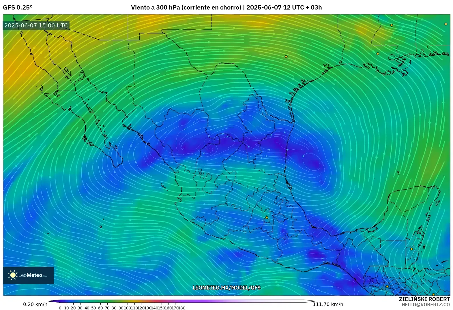GFS model - México, Viento a 300 hPa (corriente en chorro) GFS model - México, Viento a 300 hPa (corriente en chorro)