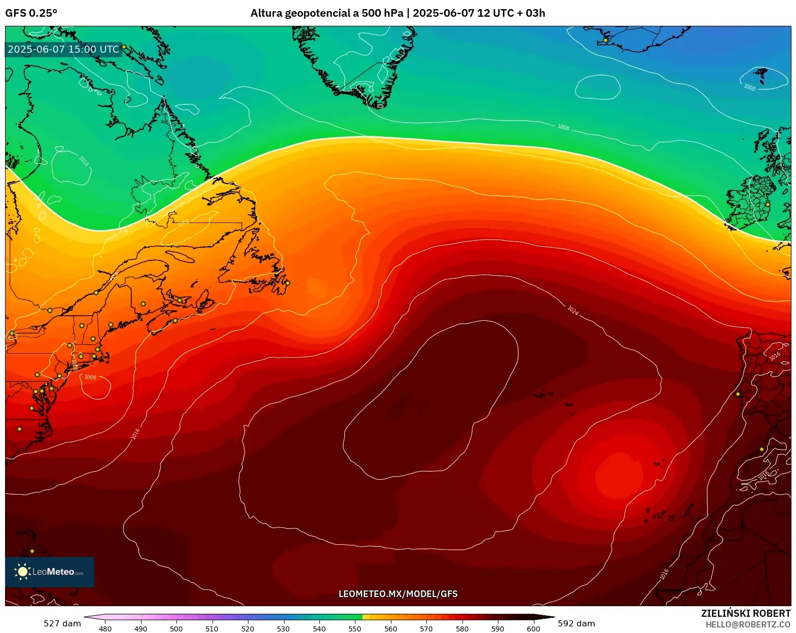 GFS model - Norte Atlántico, Altura geopotencial a 500 hPa GFS model - Norte Atlántico, Altura geopotencial a 500 hPa
