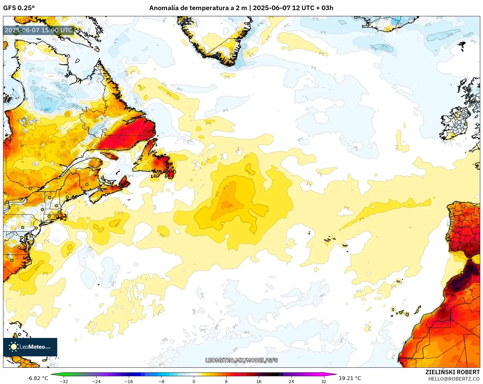 GFS model - Norte Atlántico, Anomalía de temperatura a 2 m GFS model - Norte Atlántico, Anomalía de temperatura a 2 m