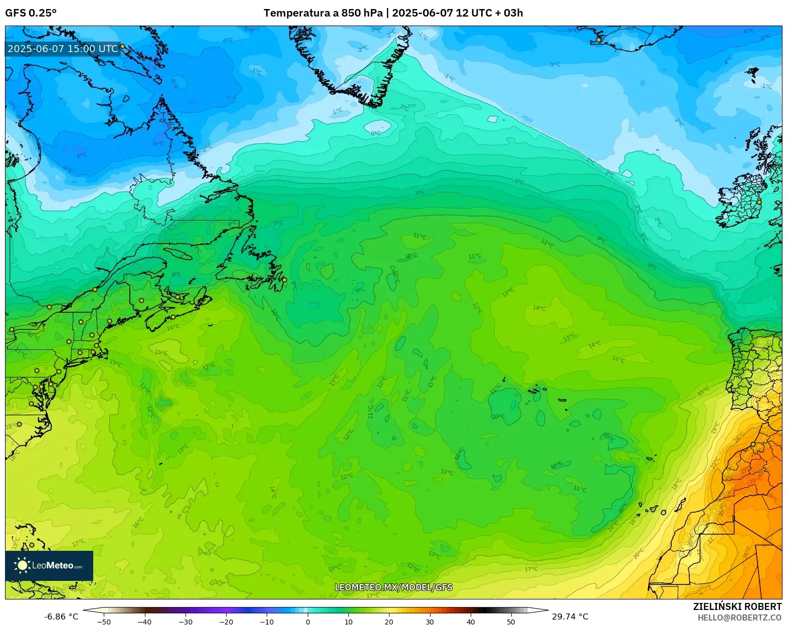 GFS model - Norte Atlántico, Temperatura a 850 hPa GFS model - Norte Atlántico, Temperatura a 850 hPa
