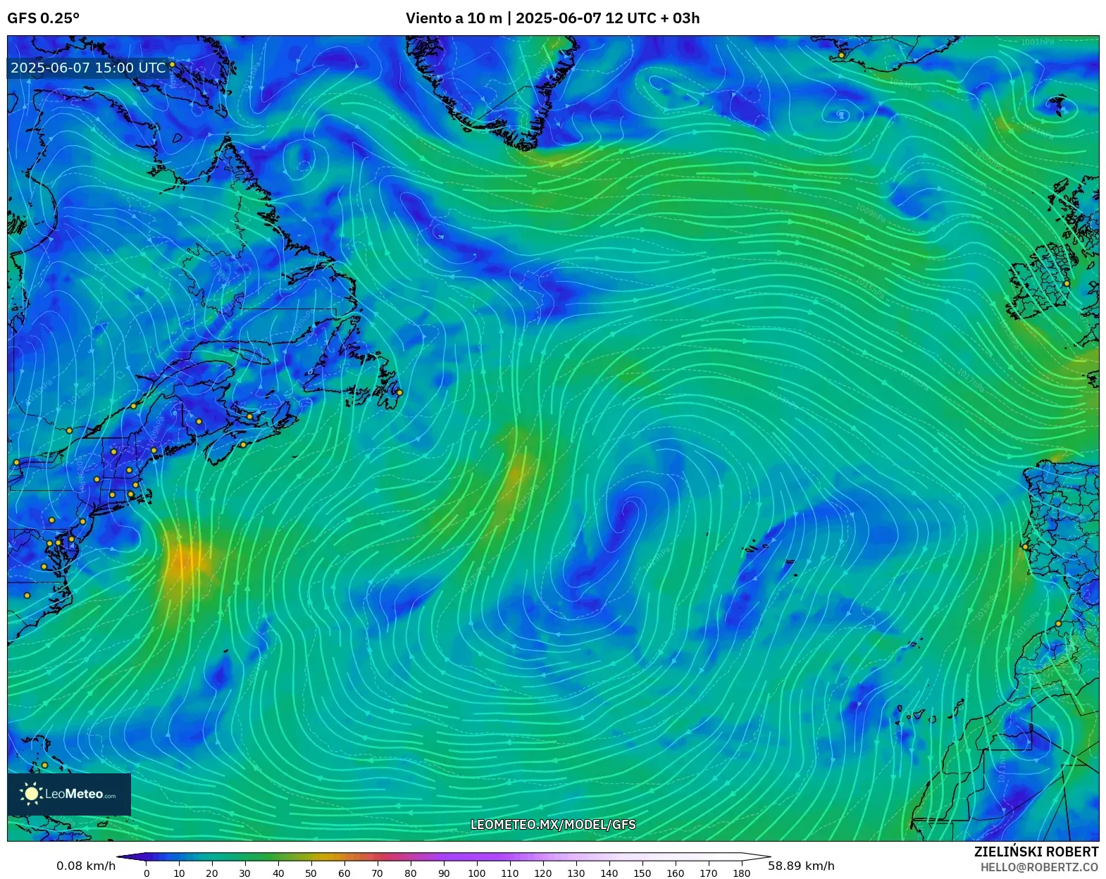 GFS model - Norte Atlántico, Viento a 10 m GFS model - Norte Atlántico, Viento a 10 m