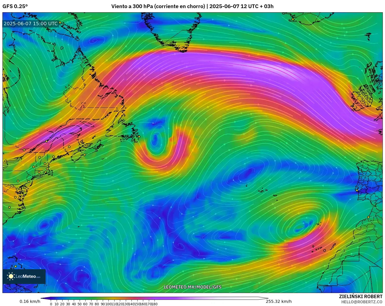 GFS model - Norte Atlántico, Viento a 300 hPa (corriente en chorro)