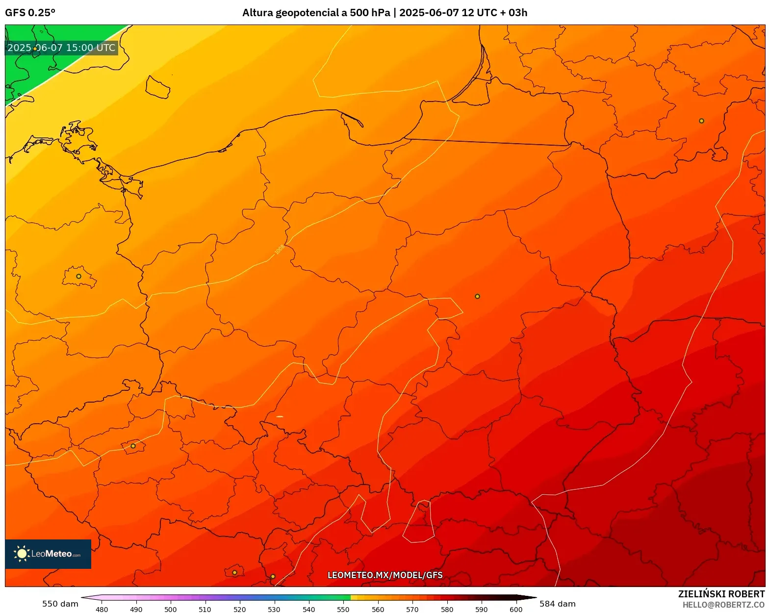 GFS model - Polonia, Altura geopotencial a 500 hPa GFS model - Polonia, Altura geopotencial a 500 hPa