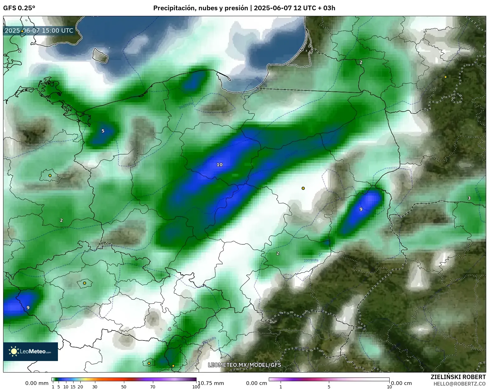 GFS model - Polonia, Precipitación, nubes y presión GFS model - Polonia, Precipitación, nubes y presión