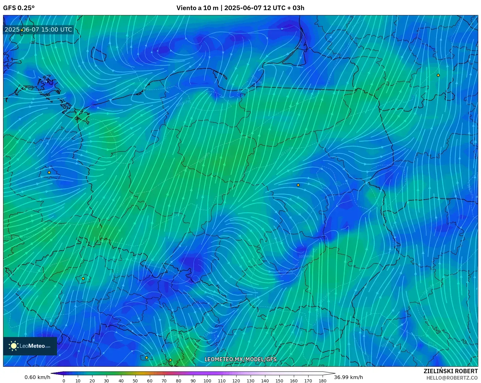 GFS model - Polonia, Viento a 10 m GFS model - Polonia, Viento a 10 m