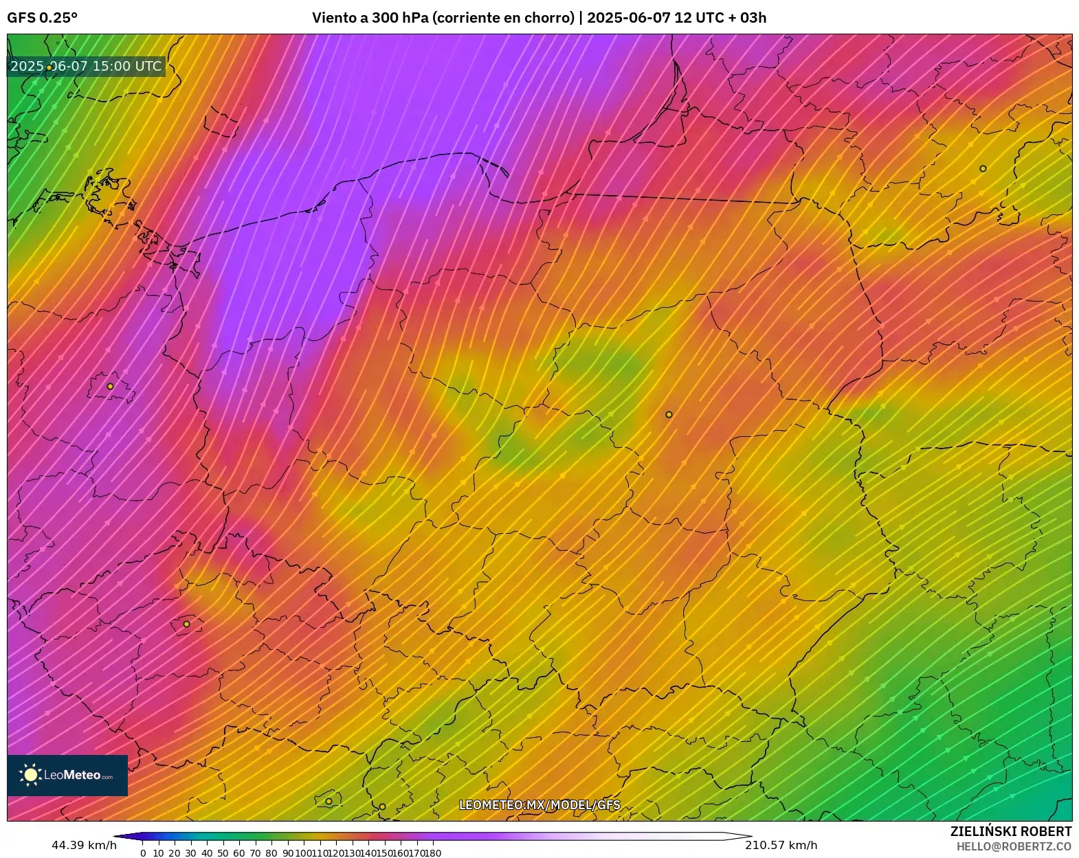 GFS model - Polonia, Viento a 300 hPa (corriente en chorro) GFS model - Polonia, Viento a 300 hPa (corriente en chorro)