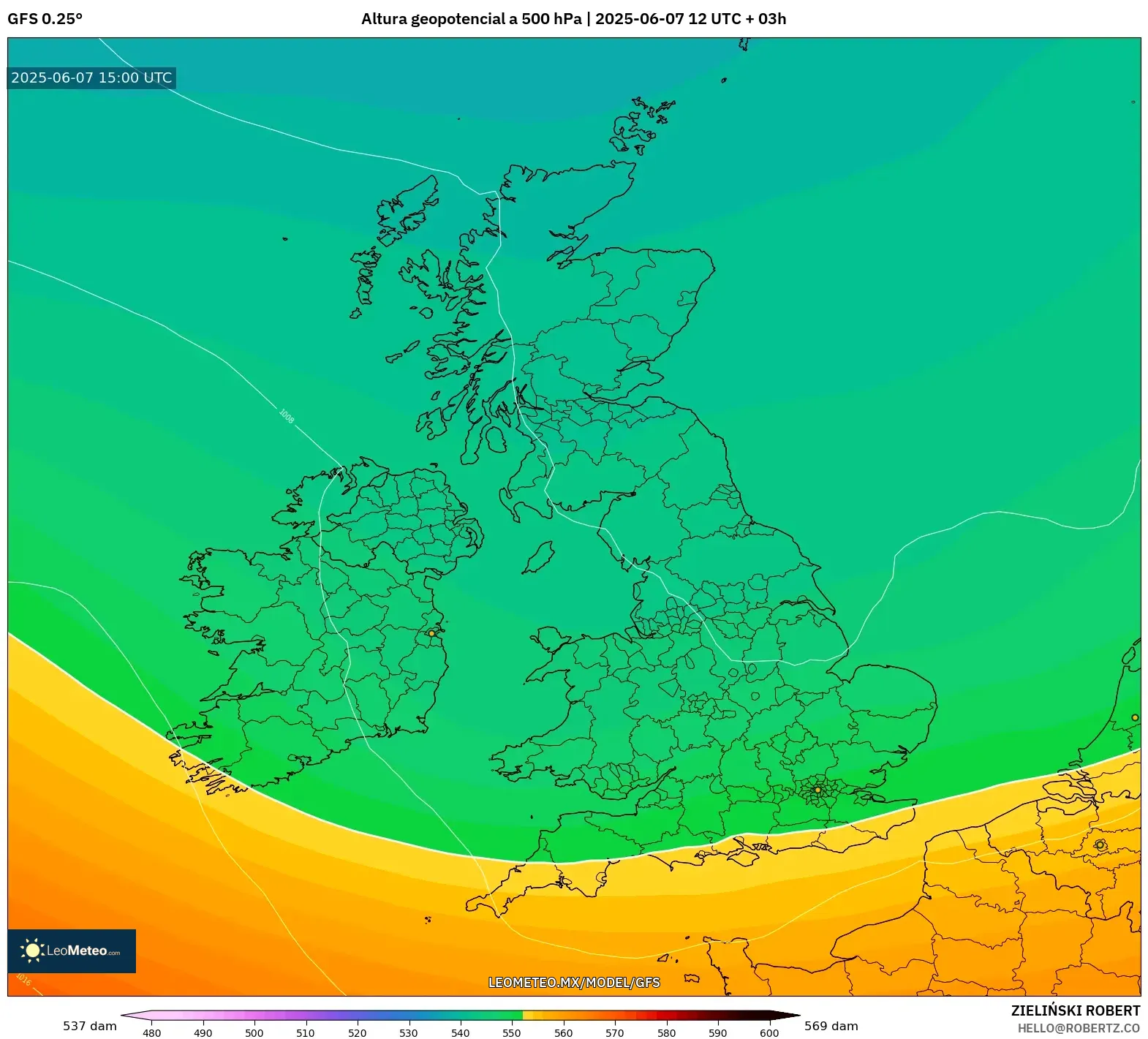 GFS model - Reino Unido, Altura geopotencial a 500 hPa