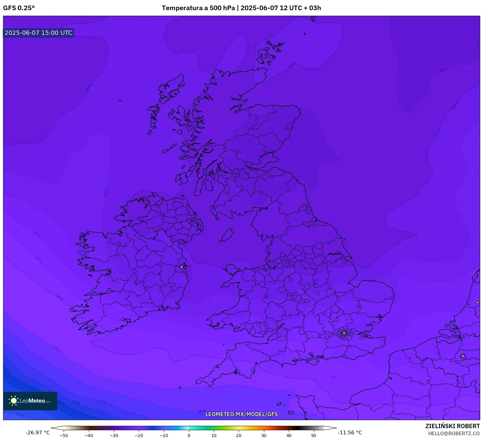 GFS model - Reino Unido, Temperatura a 500 hPa