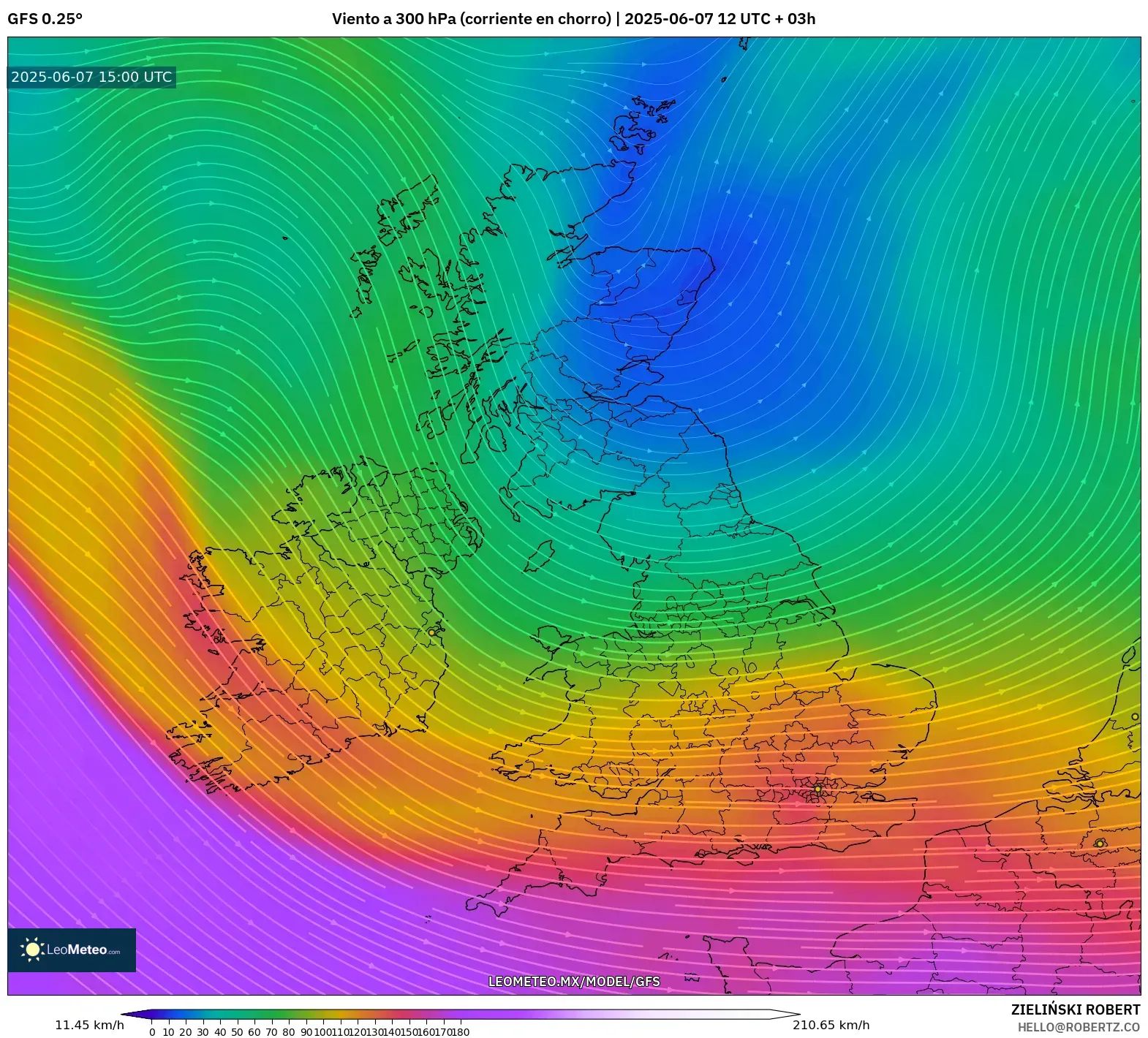 GFS model - Reino Unido, Viento a 300 hPa (corriente en chorro) GFS model - Reino Unido, Viento a 300 hPa (corriente en chorro)