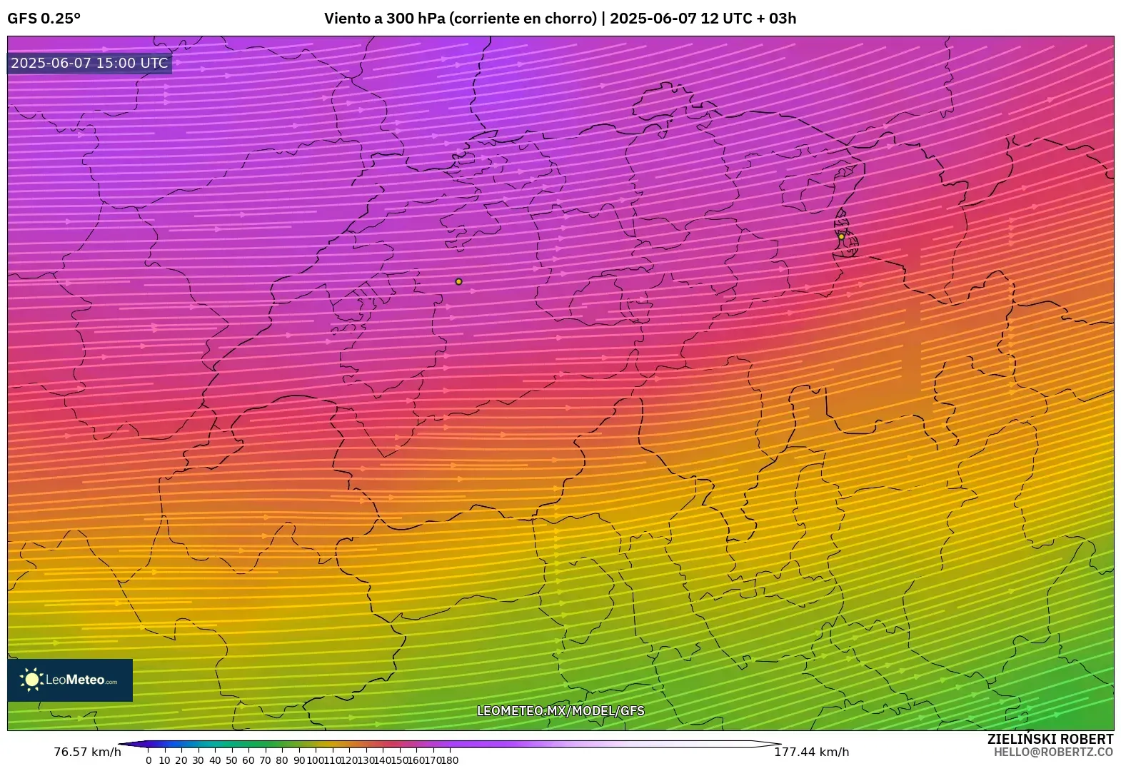 GFS model - Suiza, Viento a 300 hPa (corriente en chorro) GFS model - Suiza, Viento a 300 hPa (corriente en chorro)