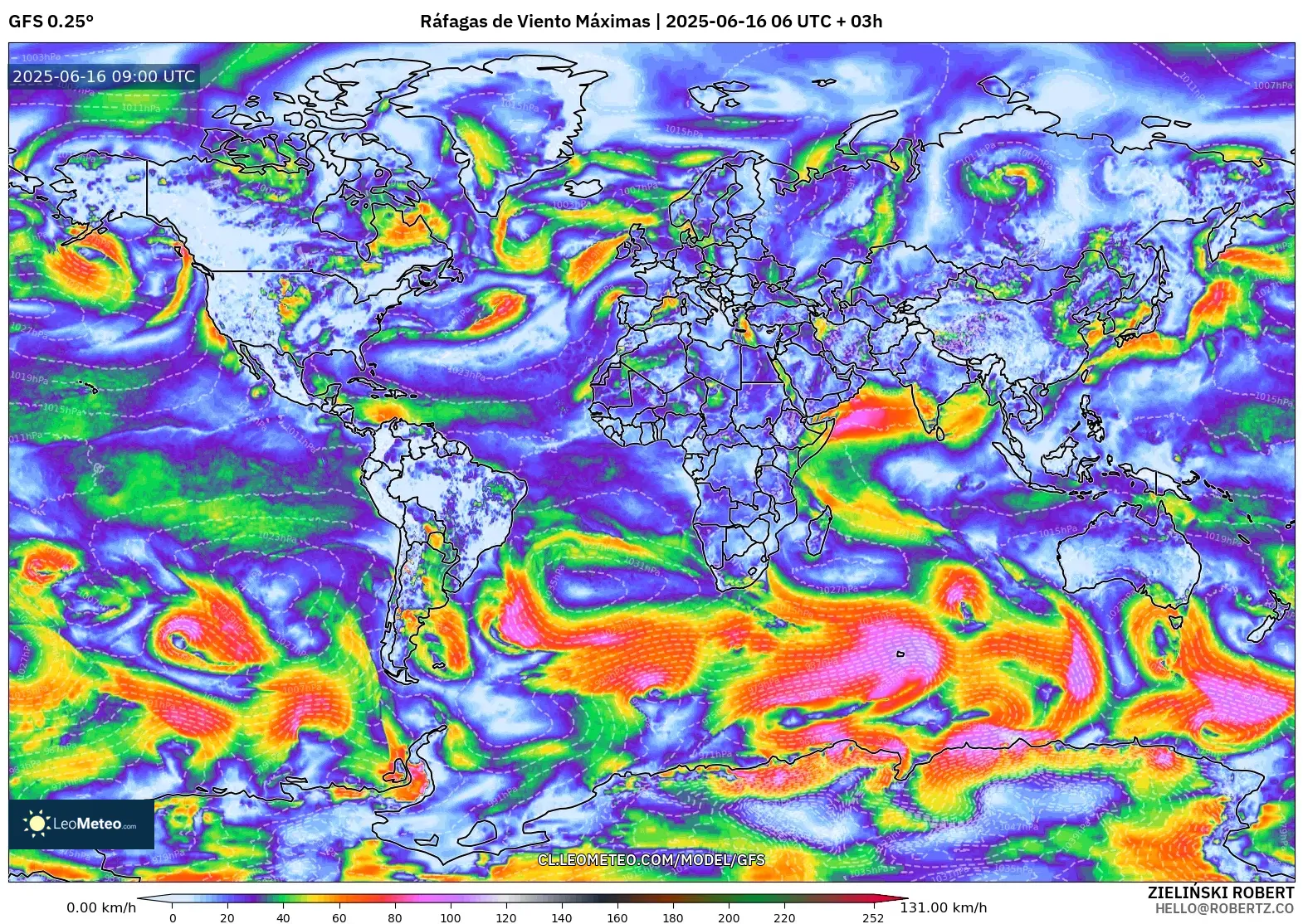 GFS model - Mundo, Ráfagas de Viento Máximas GFS model - Mundo, Ráfagas de Viento Máximas