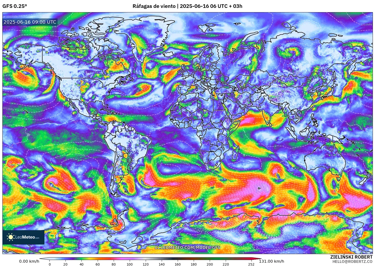 GFS model - Mundo, Ráfagas de viento GFS model - Mundo, Ráfagas de viento