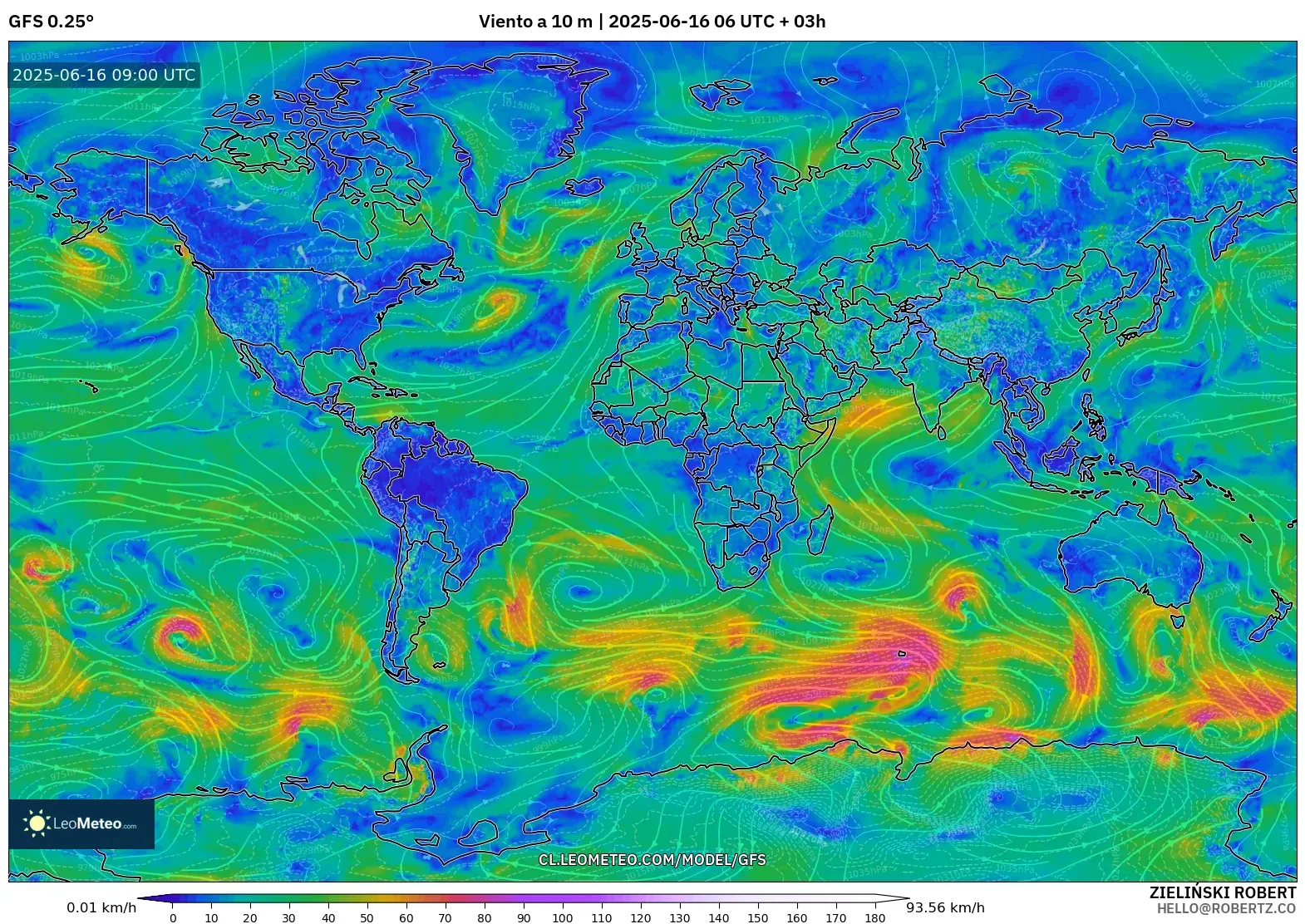 GFS model - Mundo, Viento a 10 m GFS model - Mundo, Viento a 10 m