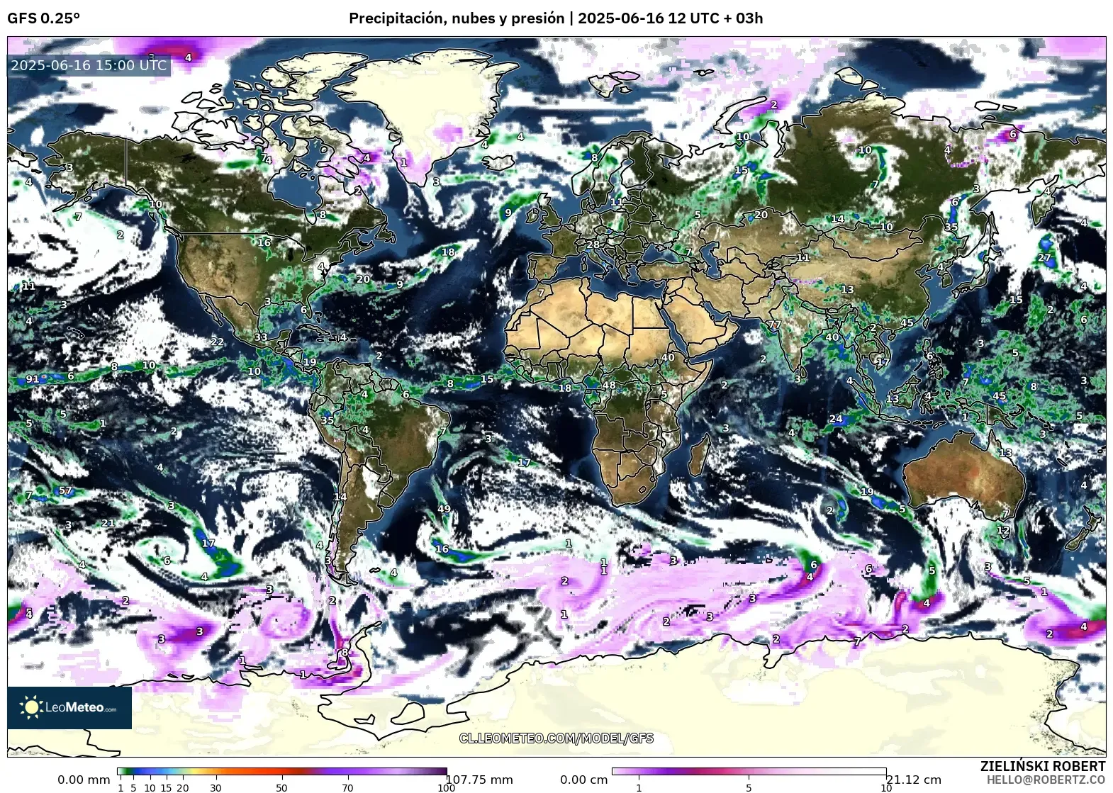GFS model - Mundo, Precipitación, nubes y presión GFS model - Mundo, Precipitación, nubes y presión