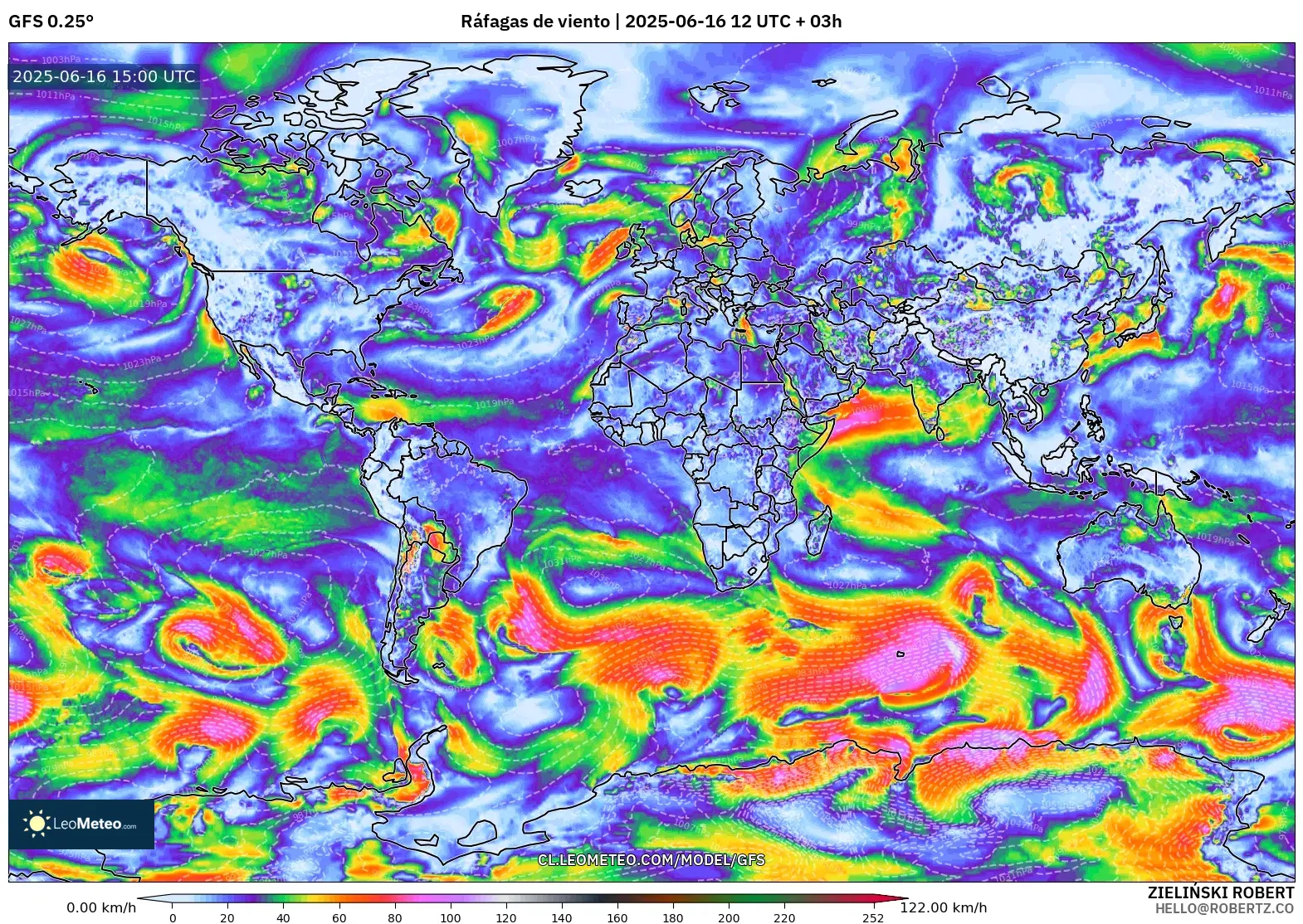 GFS model - Mundo, Ráfagas de viento GFS model - Mundo, Ráfagas de viento
