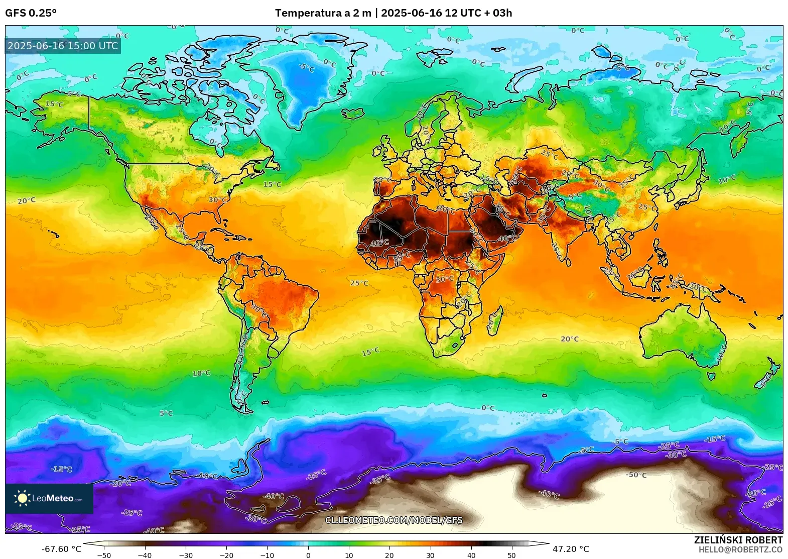 GFS model - Mundo, Temperatura a 2 m GFS model - Mundo, Temperatura a 2 m