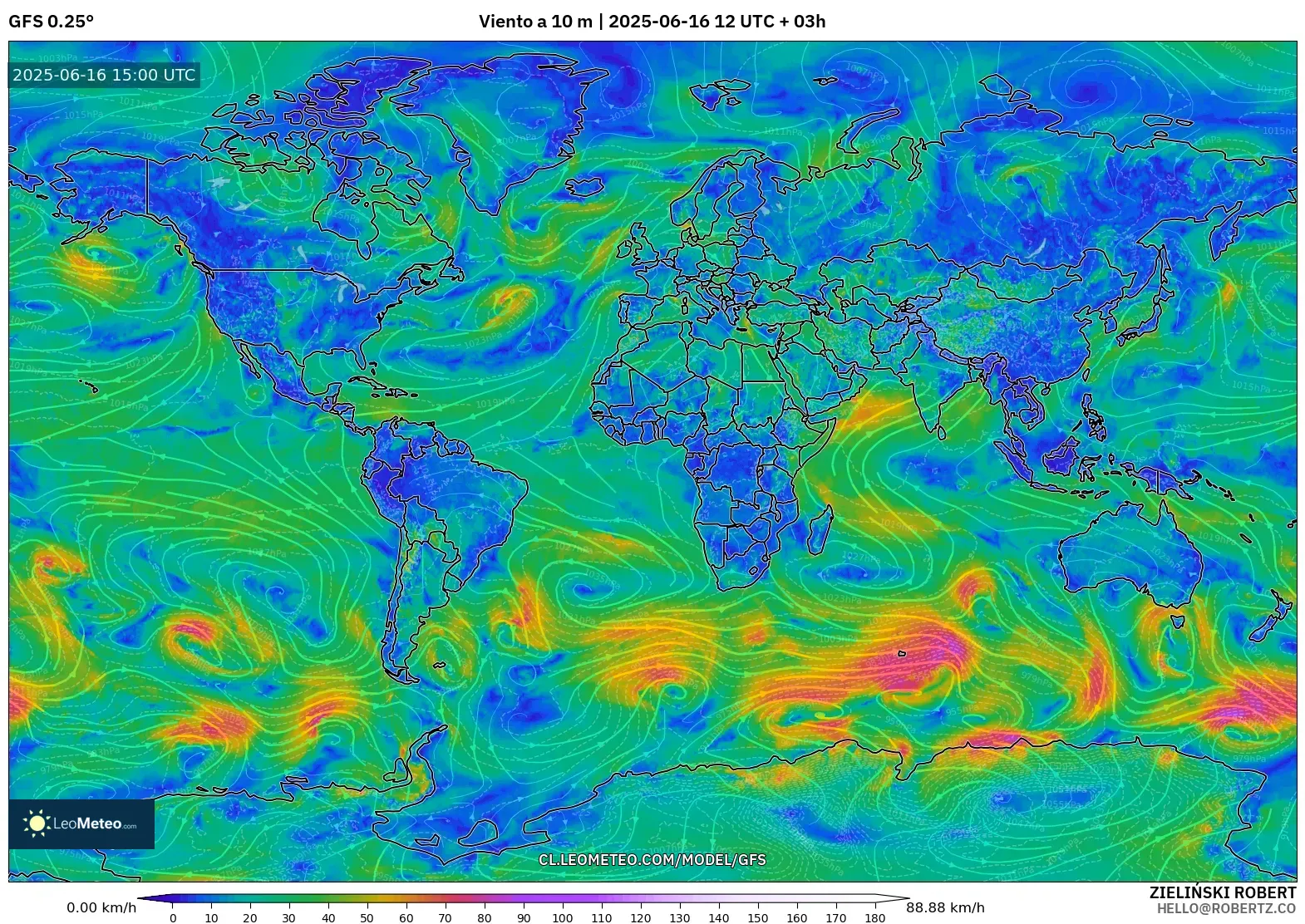 GFS model - Mundo, Viento a 10 m GFS model - Mundo, Viento a 10 m