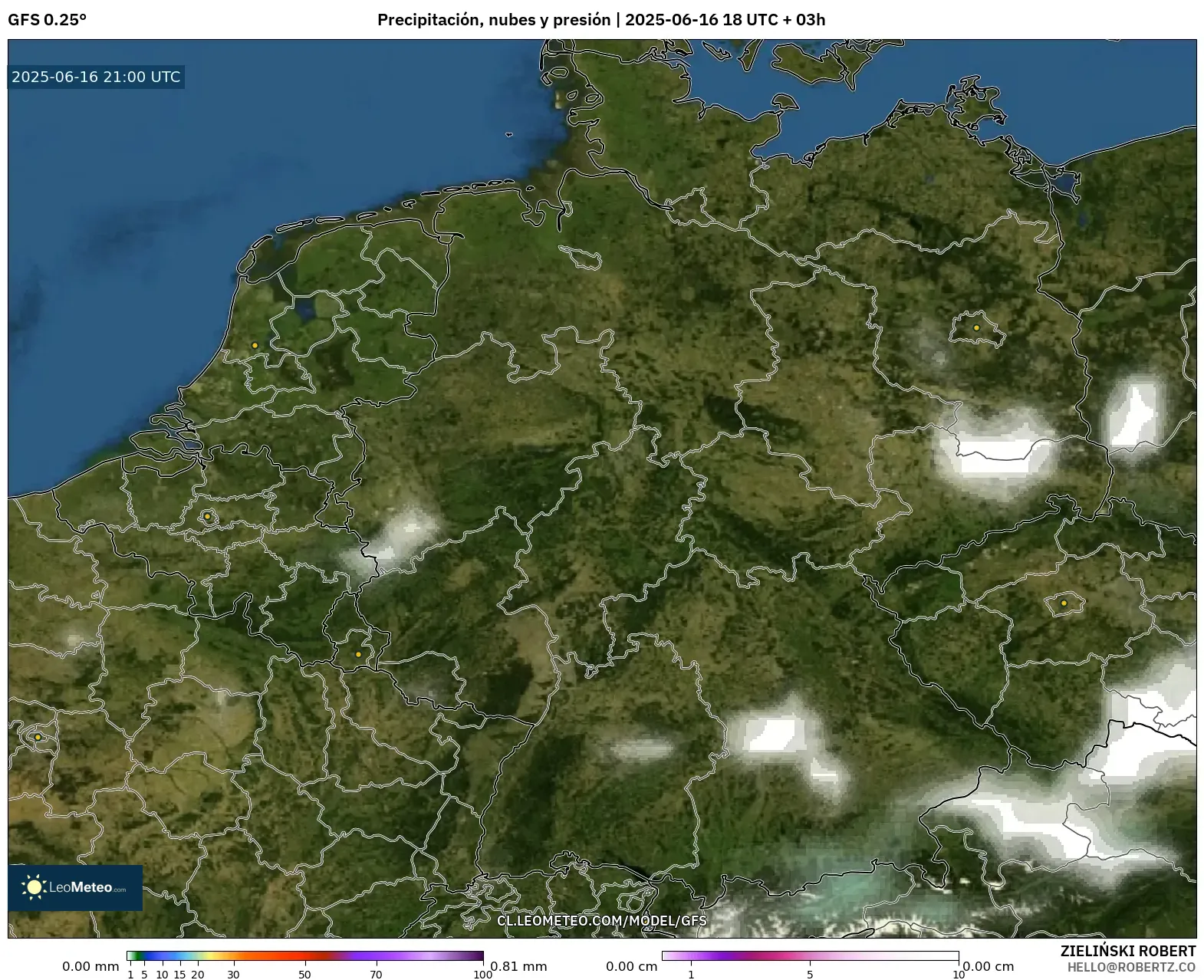 GFS model - Alemania, Precipitación, nubes y presión GFS model - Alemania, Precipitación, nubes y presión
