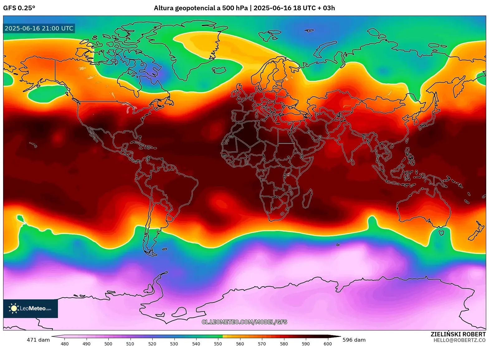 GFS model - Mundo, Altura geopotencial a 500 hPa GFS model - Mundo, Altura geopotencial a 500 hPa
