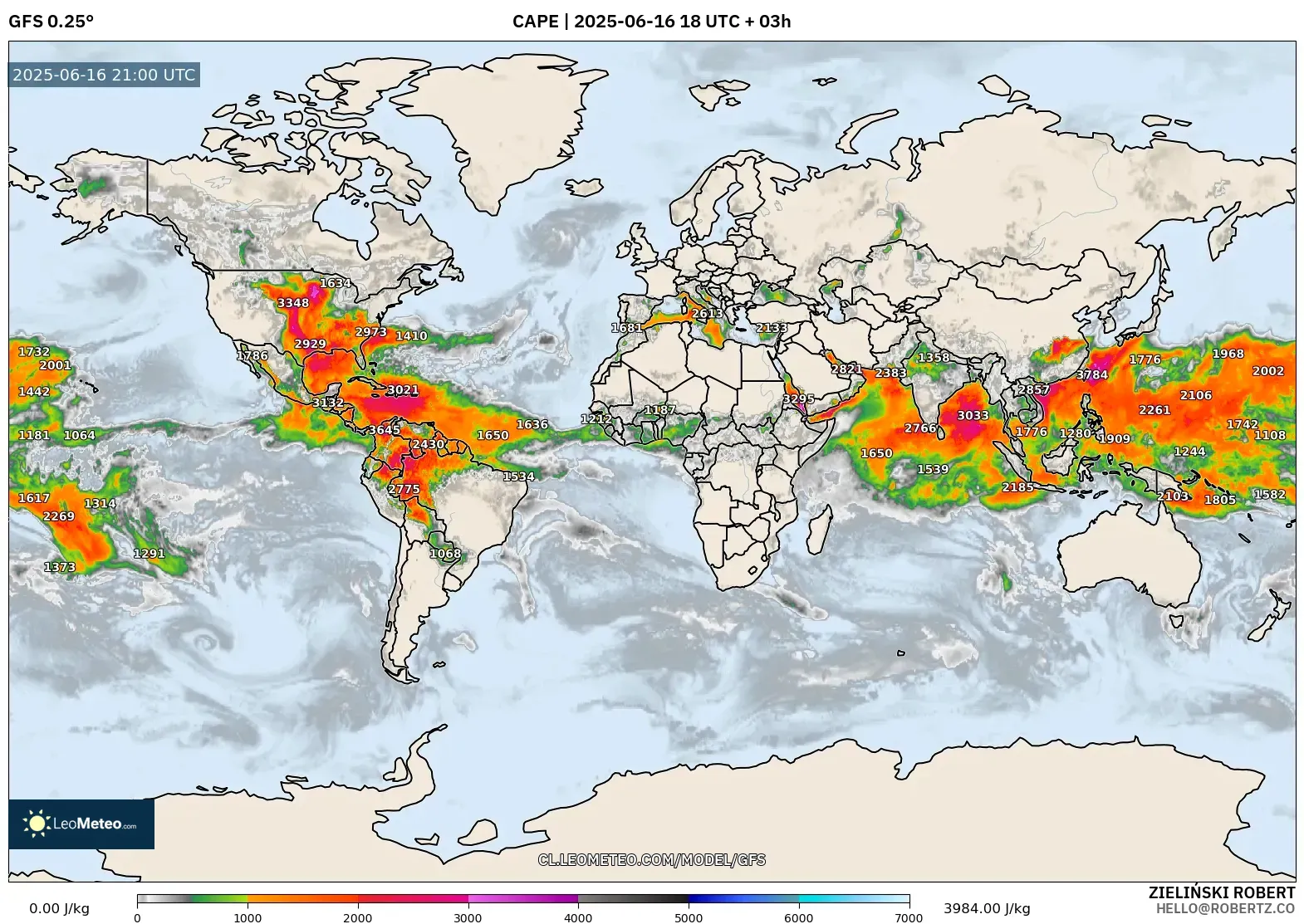 GFS model - Mundo, CAPE GFS model - Mundo, CAPE