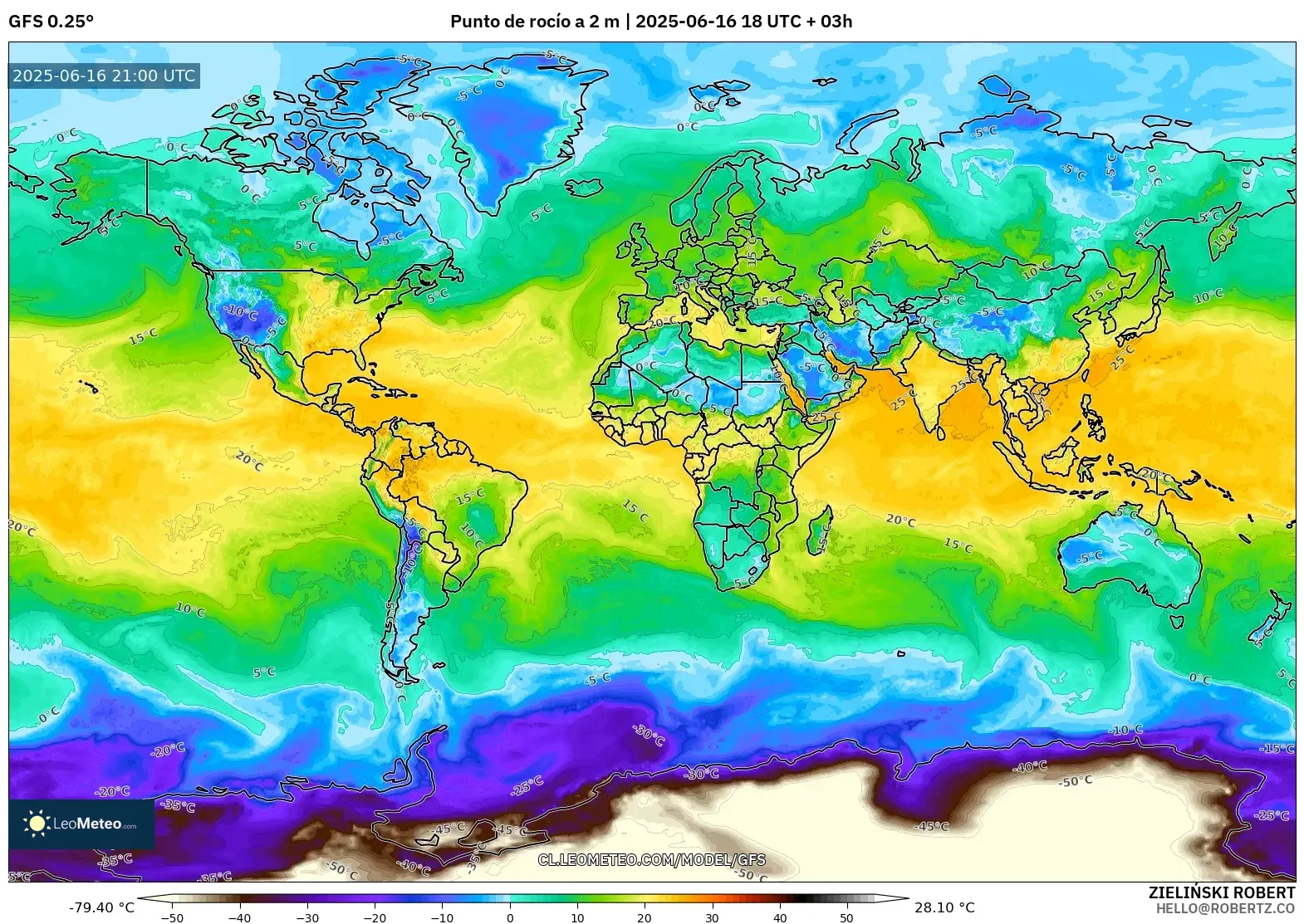 GFS model - Mundo, Punto de rocío a 2 m GFS model - Mundo, Punto de rocío a 2 m