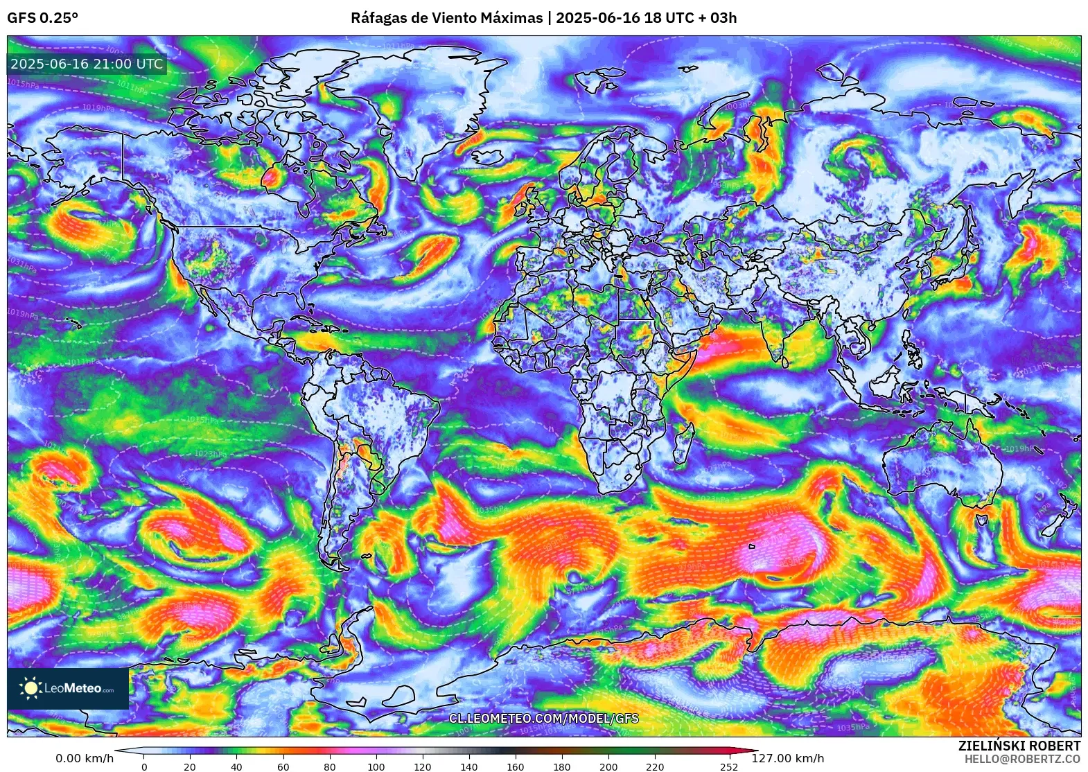GFS model - Mundo, Ráfagas de Viento Máximas GFS model - Mundo, Ráfagas de Viento Máximas