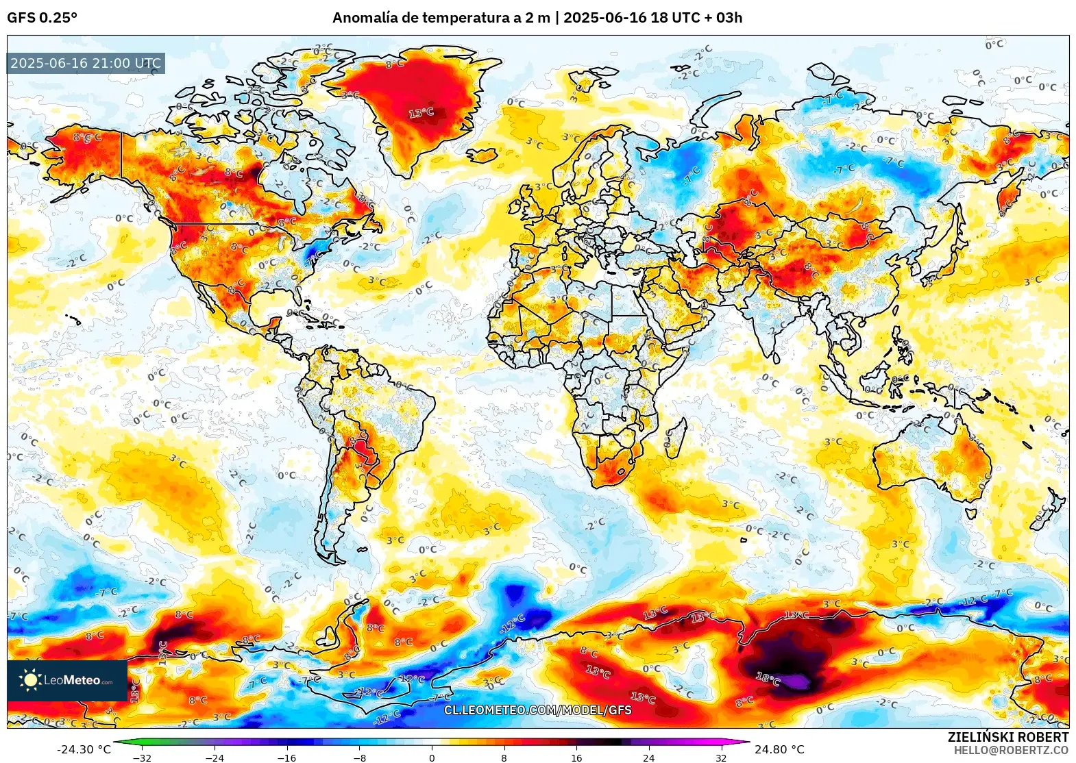 GFS model - Mundo, Anomalía de temperatura a 2 m