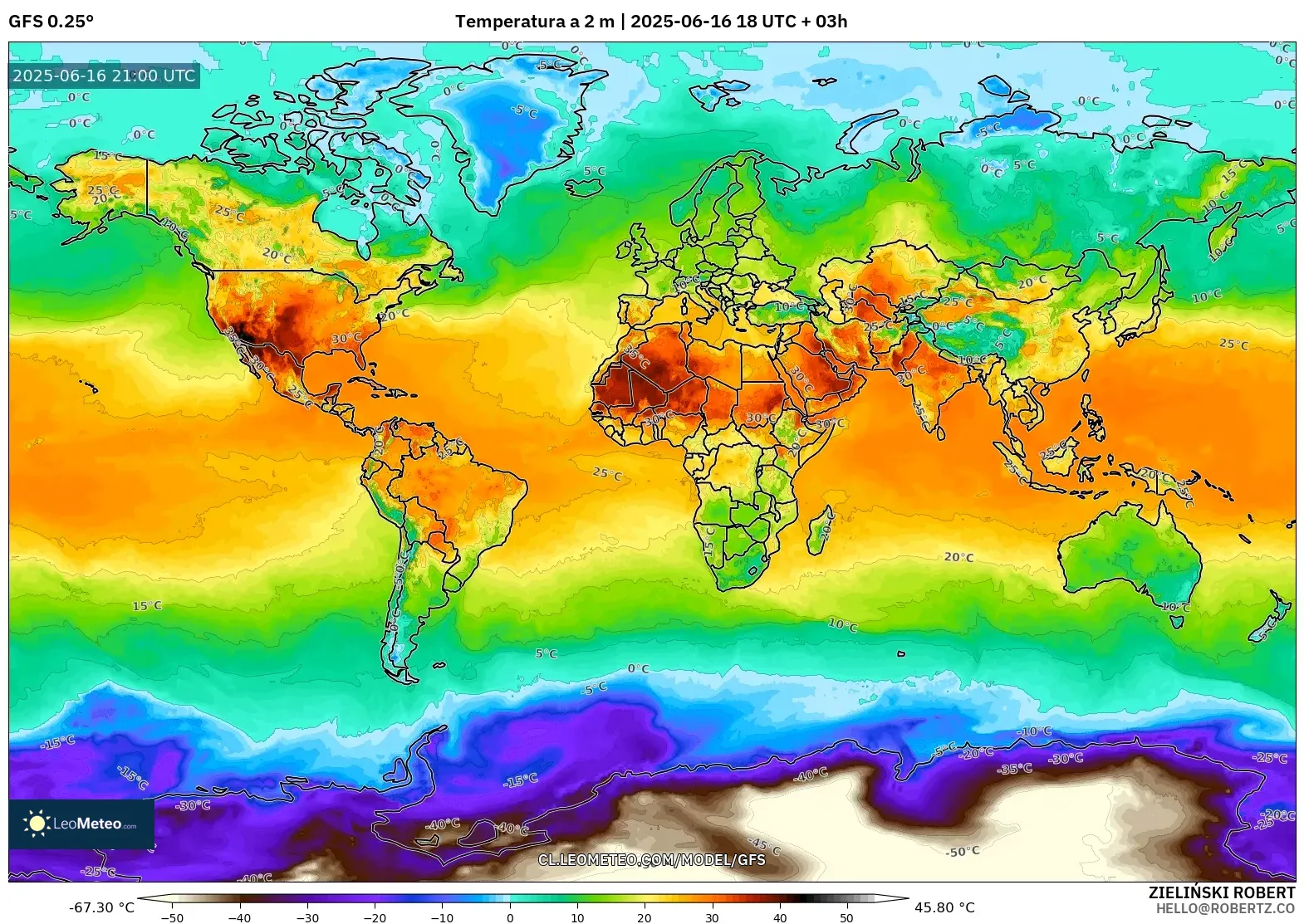 GFS model - Mundo, Temperatura a 2 m GFS model - Mundo, Temperatura a 2 m