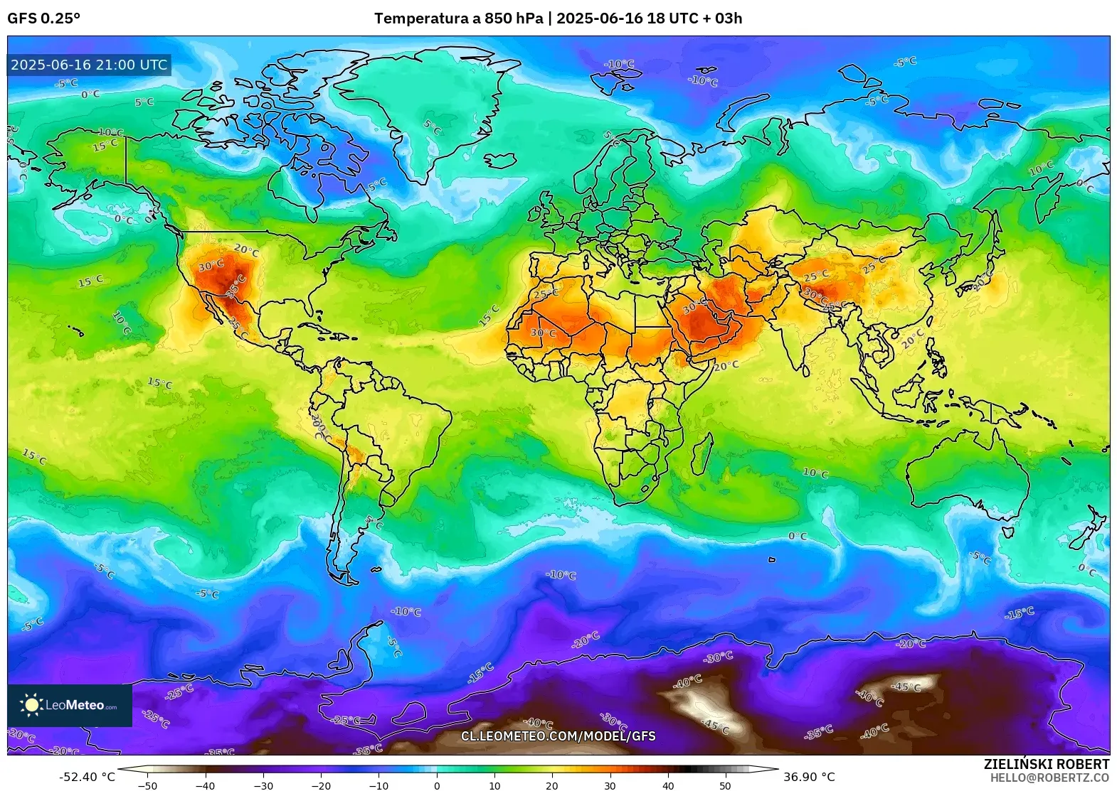 GFS model - Mundo, Temperatura a 850 hPa GFS model - Mundo, Temperatura a 850 hPa