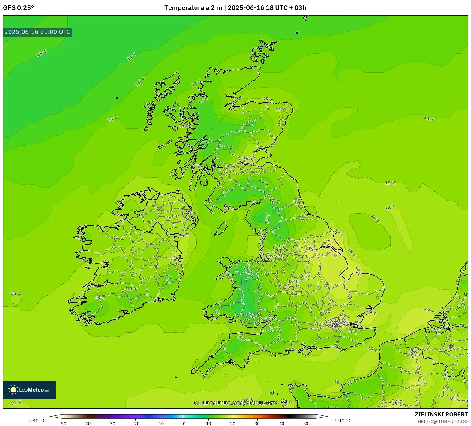 GFS model - Reino Unido, Temperatura a 2 m GFS model - Reino Unido, Temperatura a 2 m