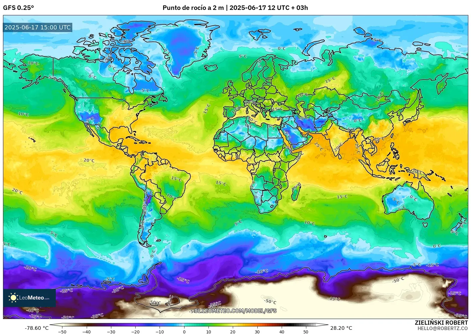 GFS model - Mundo, Punto de rocío a 2 m GFS model - Mundo, Punto de rocío a 2 m
