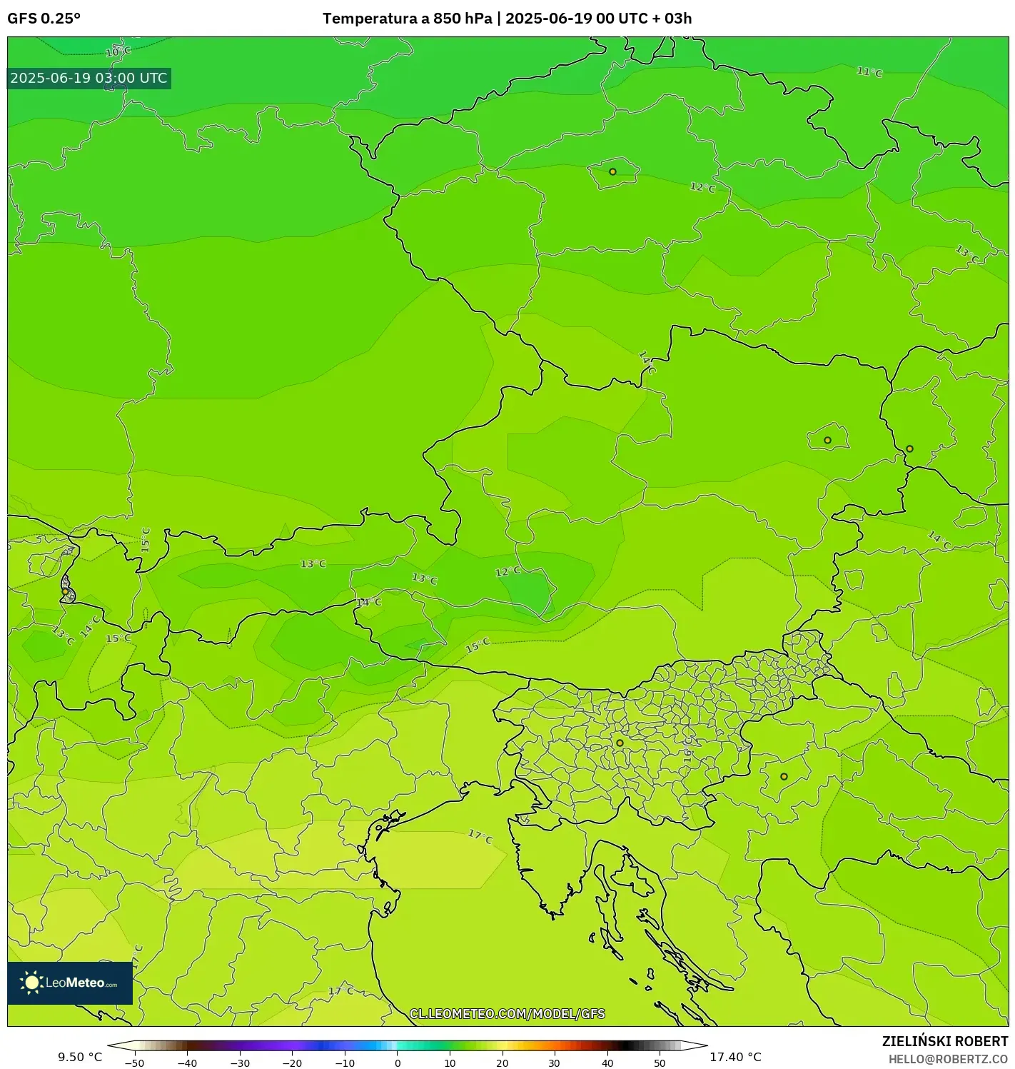 GFS model - Austria, Temperatura a 850 hPa GFS model - Austria, Temperatura a 850 hPa